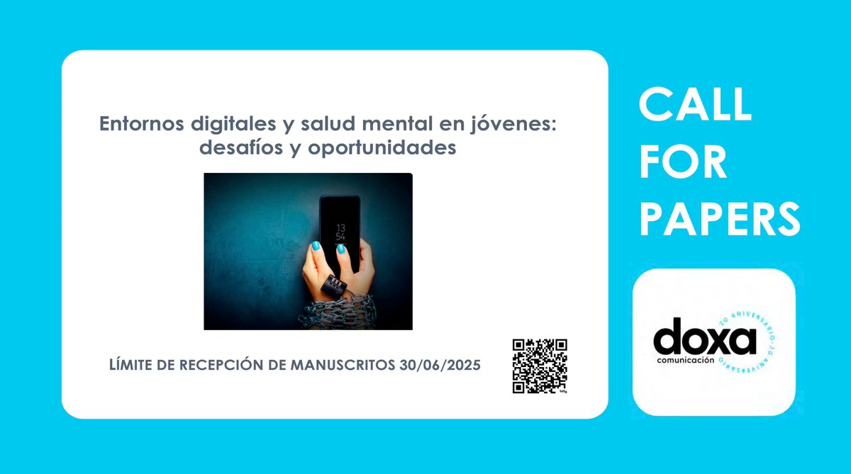Doxa Comunicación (@doxacom) on Twitter photo #callforpapers Entornos digitales y salud mental en jóvenes: desafíos y oportunidades
📆 Envíos hasta 30/06/2025
Publicación: 01/01/2026 (n. 42)
ℹ bit.ly/40PaTt2
👌🏻Coords. <a href="/empastor/">esther mtz</a> <a href="/MarianBlanco/">Marian Blanco Ruiz</a> de la <a href="/urjc/">URJC</a> <a href="/GonzalezAnaelle/">Anaëlle Gonzalez - gonzalezanaelle.bsky.social</a>, Jasmina Rosič de la <a href="/KU_Leuven/">KU Leuven</a> #callforpapers Entornos digitales y salud mental en jóvenes: desafíos y oportunidades
📆 Envíos hasta 30/06/2025
Publicación: 01/01/2026 (n. 42)
ℹ bit.ly/40PaTt2
👌🏻Coords. <a href="/empastor/">esther mtz</a> <a href="/MarianBlanco/">Marian Blanco Ruiz</a> de la <a href="/urjc/">URJC</a> <a href="/GonzalezAnaelle/">Anaëlle Gonzalez - gonzalezanaelle.bsky.social</a>, Jasmina Rosič de la <a href="/KU_Leuven/">KU Leuven</a>