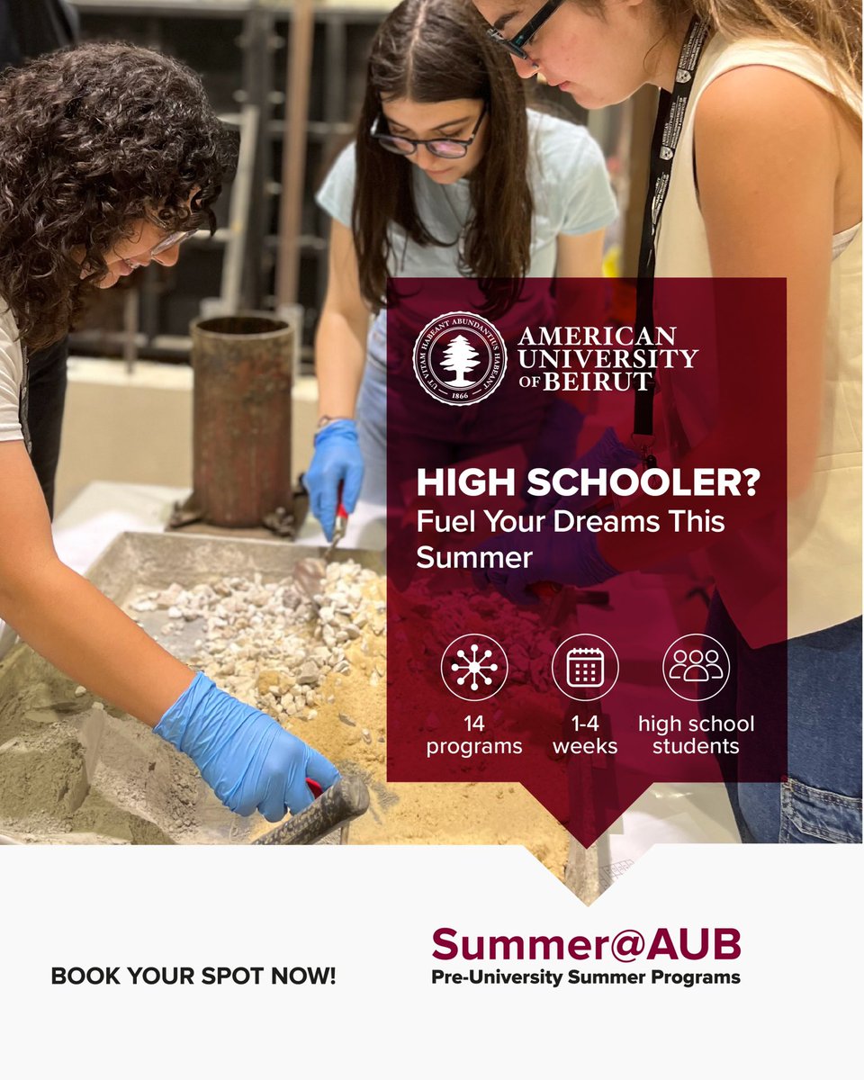 Join high schoolers from around the world in 14 exciting programs, lasting 1–4 weeks.

Learn, explore, and grow with Summer@AUB — where your future begins.

Book your spot now!

aub.edu.lb/cec/Summer@AUB…

#AUB #Summer #university #students
