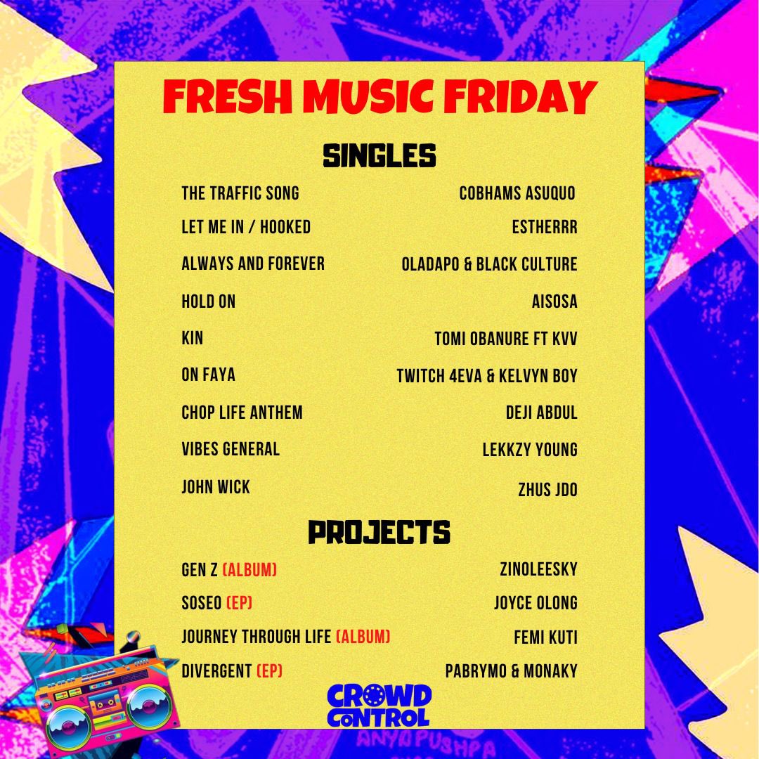 Crowd Control (@crowdcontrolng) on Twitter photo FRESH MUSIC FRIDAY 🎤🎶🎧
STARRING: <a href="/ayrastarr/">Celestial being</a> 👼🏽
Featuring: <a href="/TiwaSavage/">Tiwa Savage ⚔️</a> <a href="/plutomaniapopi/">Shallipopi</a> <a href="/fireboydml/">Fireboy DML</a> <a href="/MinzNSE/">MINZU</a> <a href="/iRuntown/">Runtown</a> <a href="/BoySpyce/">BOY SPYCE</a> <a href="/Officialguchi/">Guchi 💜⚡️</a> <a href="/RicHassani/">Ric Hassani</a> <a href="/DjObiOnDeck/">DJ OBI .</a> <a href="/prettybxykay/">Prettyboykay</a> <a href="/the_estherrr/">Estherrr</a> <a href="/zinoleesky01/">zinoleesky</a> <a href="/cobhamsasuquo/">The Elephant Man</a> <a href="/Deji_Abdul/">Deji Abdul</a> <a href="/tomiobanure/">‘tomi</a> <a href="/zhusjdo/">ZHUS</a> <a href="/pabrymoo/">PaBrymo</a> 🔥 FRESH MUSIC FRIDAY 🎤🎶🎧
STARRING: <a href="/ayrastarr/">Celestial being</a> 👼🏽
Featuring: <a href="/TiwaSavage/">Tiwa Savage ⚔️</a> <a href="/plutomaniapopi/">Shallipopi</a> <a href="/fireboydml/">Fireboy DML</a> <a href="/MinzNSE/">MINZU</a> <a href="/iRuntown/">Runtown</a> <a href="/BoySpyce/">BOY SPYCE</a> <a href="/Officialguchi/">Guchi 💜⚡️</a> <a href="/RicHassani/">Ric Hassani</a> <a href="/DjObiOnDeck/">DJ OBI .</a> <a href="/prettybxykay/">Prettyboykay</a> <a href="/the_estherrr/">Estherrr</a> <a href="/zinoleesky01/">zinoleesky</a> <a href="/cobhamsasuquo/">The Elephant Man</a> <a href="/Deji_Abdul/">Deji Abdul</a> <a href="/tomiobanure/">‘tomi</a> <a href="/zhusjdo/">ZHUS</a> <a href="/pabrymoo/">PaBrymo</a> 🔥