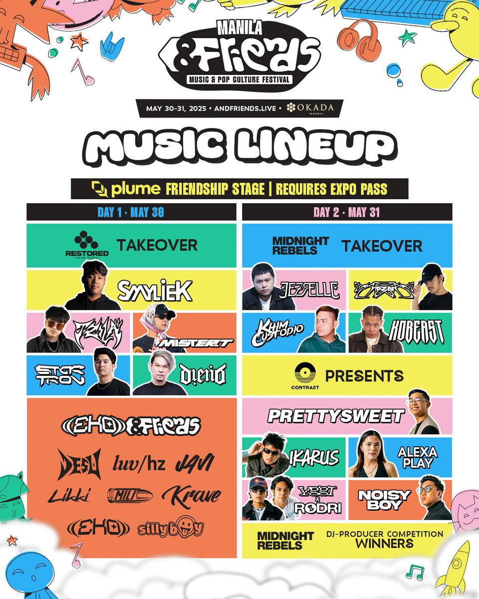Three stages, two nights, one unforgettable weekend of music. Journey with us at #AndFriends2025 this May 30 &amp; 31 at Okada Manila.

🌟 Main Stage: Catch the biggest names in EDM – <a href="/Zedd/">Zedd</a>, <a href="/ILLENIUM/">ILLENIUM</a>, <a href="/bbnomula/">bbno$ 👶🚫💰</a>,  €URO TRA$H, <a href="/SevenLionsMusic/">Seven Lions</a>, and more!

🔥 Creator Stage: K-Pop Rave