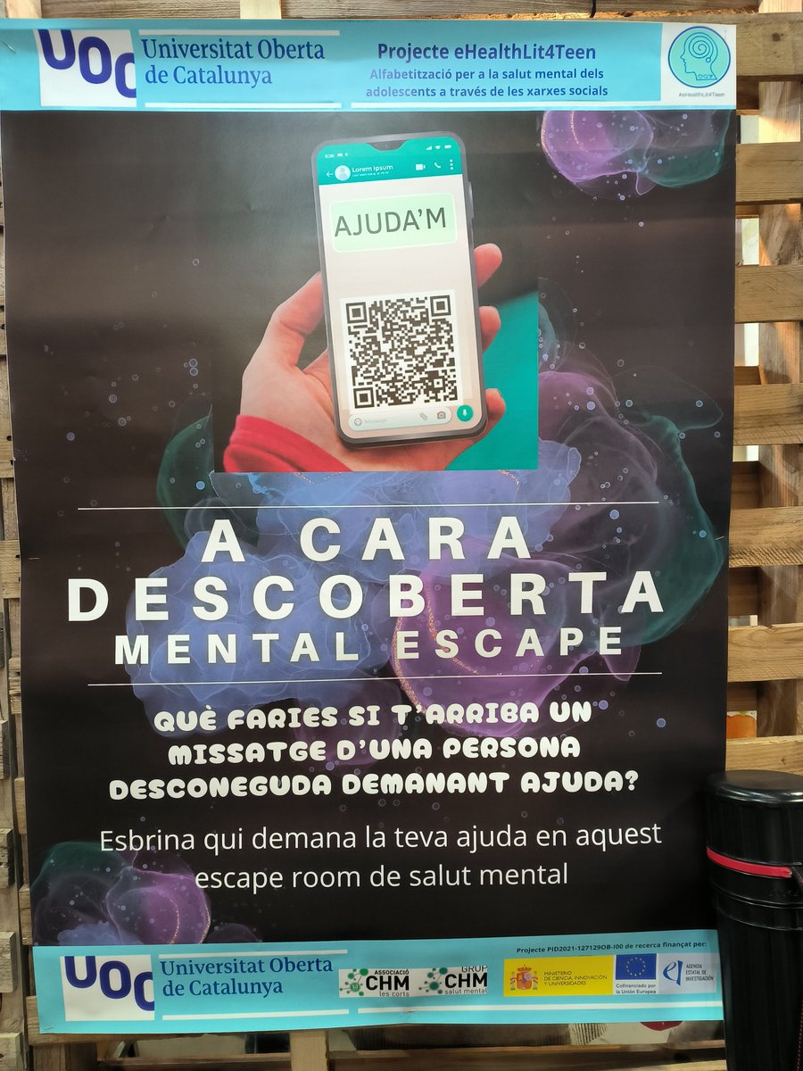 Eulàlia Hernández Encuentra (@ehernandeze) on Twitter photo Vine a fer el #MentalHealth #scaperoom amb nosaltres (stand17)
O
Captura el QR i fes-lo a l'aula
Avui i demà <a href="/eHealthLit4Teen/">eHealthLit4Teen</a> a #FesteSalut Vine a fer el #MentalHealth #scaperoom amb nosaltres (stand17)
O
Captura el QR i fes-lo a l'aula
Avui i demà <a href="/eHealthLit4Teen/">eHealthLit4Teen</a> a #FesteSalut
