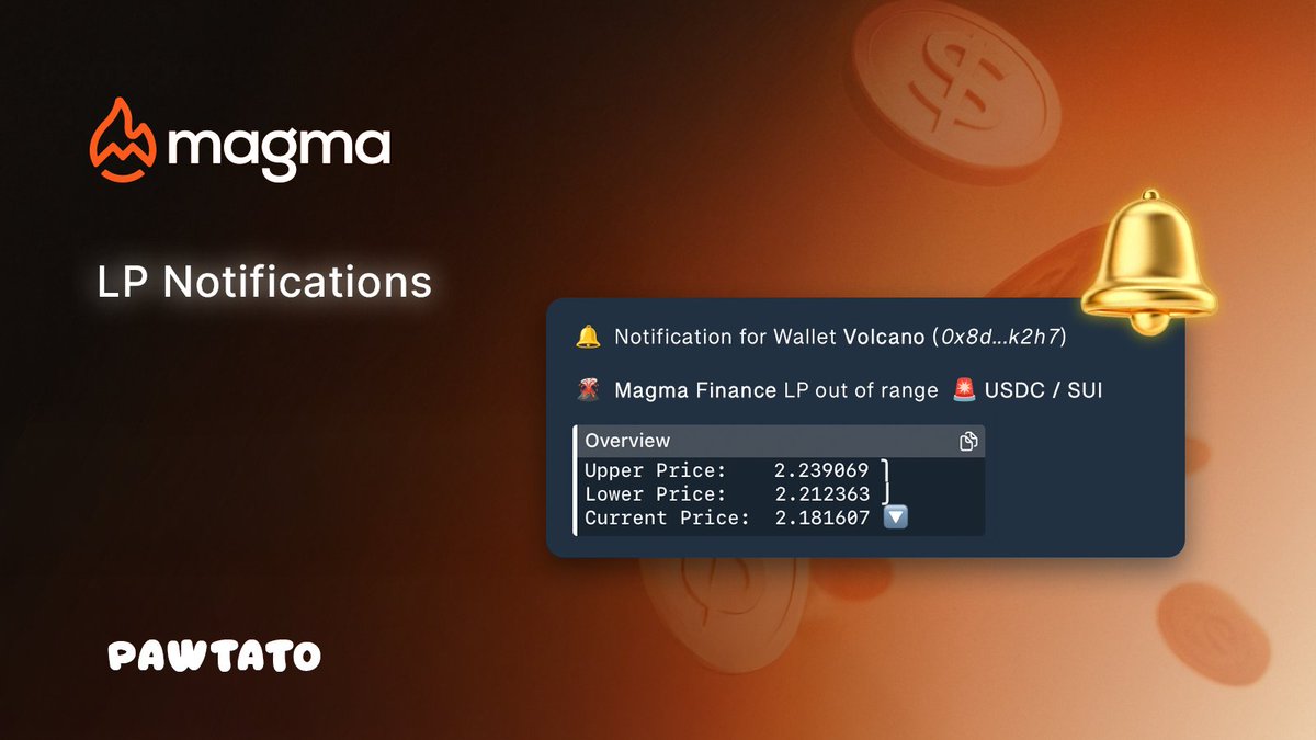 🌋 New Integration: LP Notifications for Magma Finance are LIVE! 🔔

You are now receiving real-time alerts when your LP positions on <a href="/Magma_Finance/">Magma Finance</a> go out of range — directly to your phone or browser.

Stay informed and in control.
📲 Start now: pawtato.app
