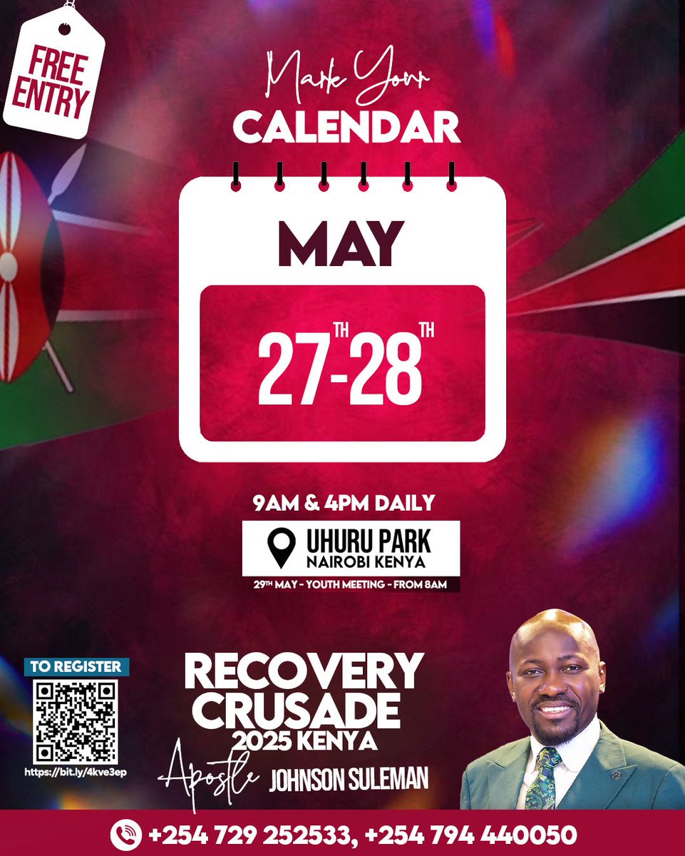 Testimony__TV's tweet photo. Very ready on this side.
The Recovery Conference 2025-KENYA is happening this May from 27th to 29th.
With the Restoration Apostle,  Prof Johnson Suleman. 
It'll be a glorious time in God's presence. 

#testimonytv #recovery2025 #ApostleJohnsonSuleman #TRA #celebrationtv https://t.co/dvhhT4VCOV
