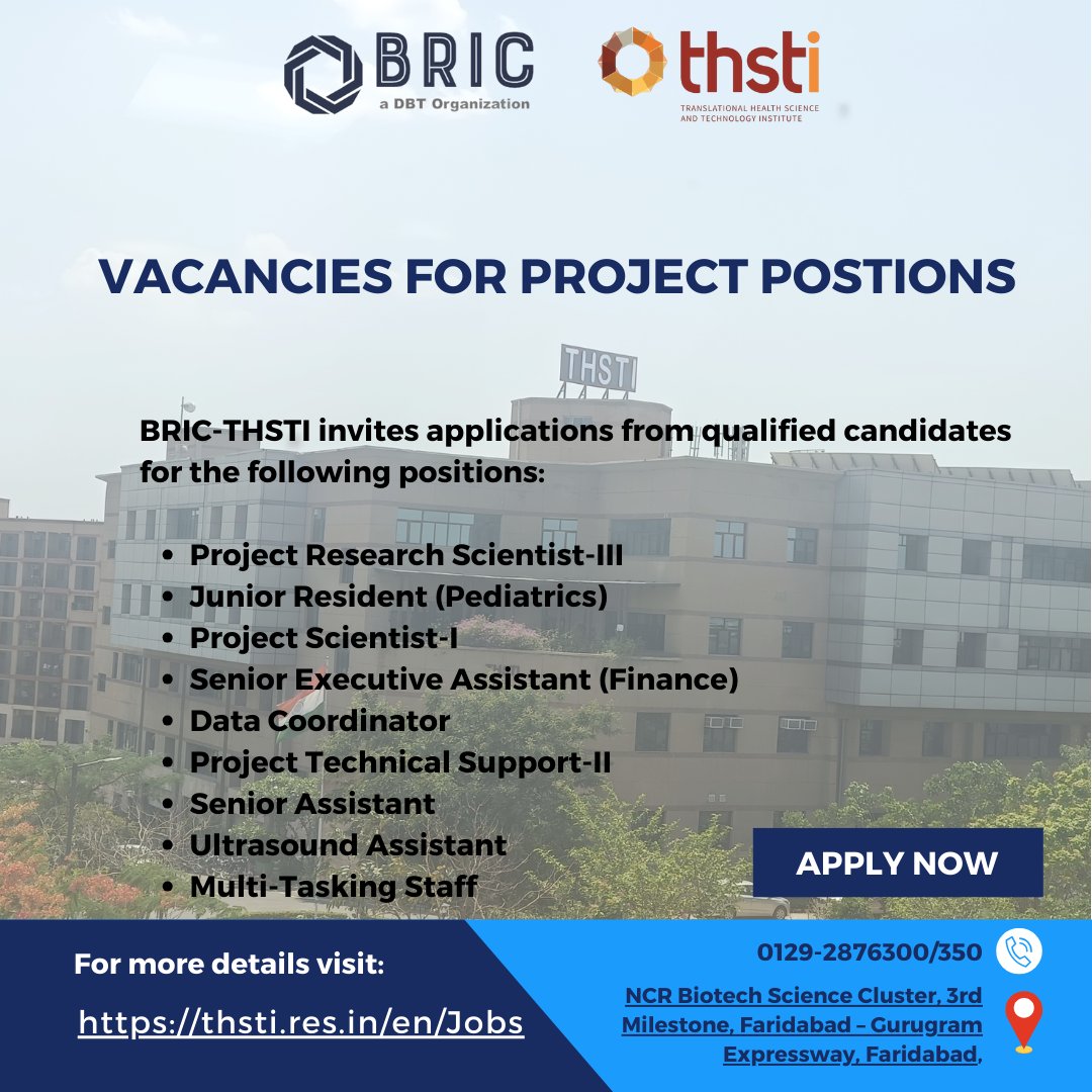 📢Hiring alert at <a href="/THSTIFaridabad/">DBT-THSTI</a> 
Applications are invited from suitable candidates for filling up project positions. For more details, please visit 🔗thsti.res.in/en/Jobs
<a href="/DBTIndia/">Department of Biotechnology</a> <a href="/rajesh_gokhale/">Rajesh Gokhale</a> <a href="/drkarthik2010/">G Karthikeyan</a>