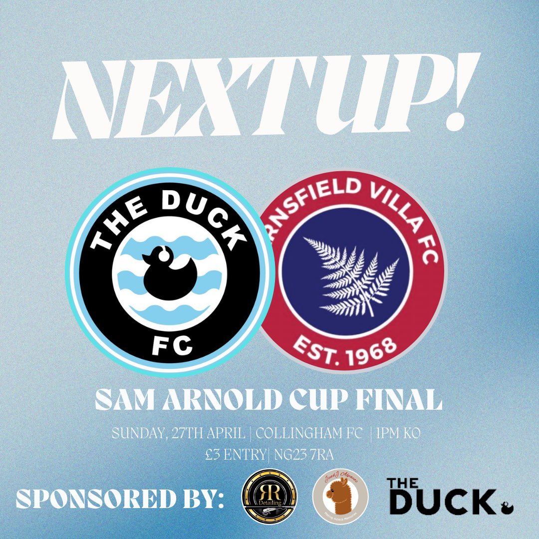 Super Sunday schedule just dropped 🍿👇

⏰ 1PM
👉 Duck FC vs Farnsfield - Sam Arnold Cup Final 🏆 

⏰ 4.30PM
👉 Forest vs City - FA Cup Semi Final 👀 

Of course, ice cold beers at affordable prices for you and the family available at The Duck, Newark 🍻