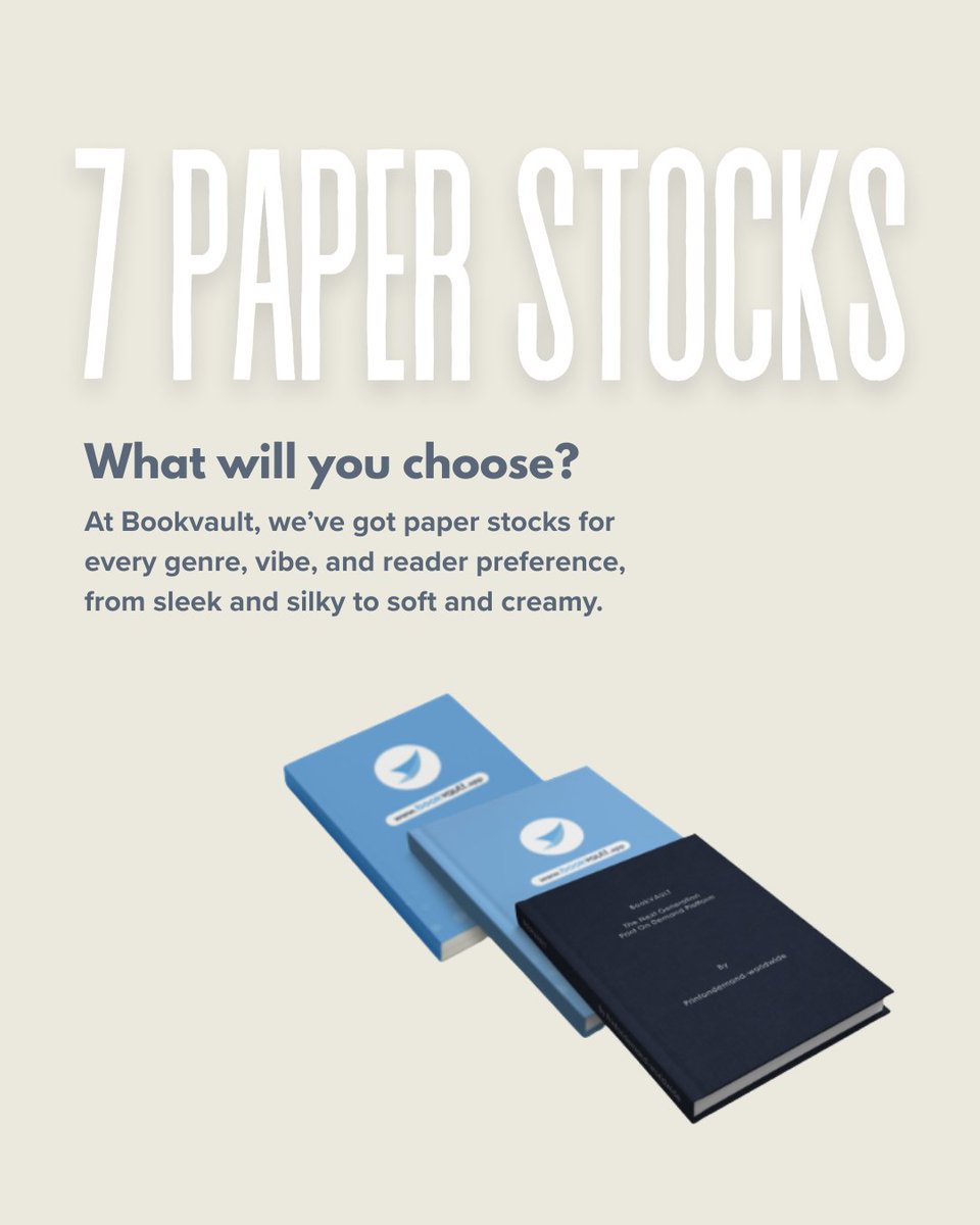 bookvault_app's tweet photo. Which paper stock suits your story? 📚
Your words set the tone and your paper should match it. From lightweight classics to premium coated finishes, we’ve got 7 ways to bring your vision to life✍️✨
#PrintYourWay #BookPrinting #PrintOnDemand #WritingCommunity #SelfPublish https://t.co/wk3yof1uCH