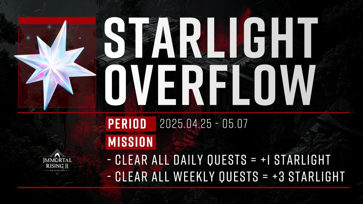 The Star Vault era begins.

Starlight marks your first real trial. No ceremony. No mercy.
— Clear all "Daily Quests" = +1 Starlight
— Clear all "Weekly Quests" = +3 Starlight

Rise, or don’t. The world will move either way.