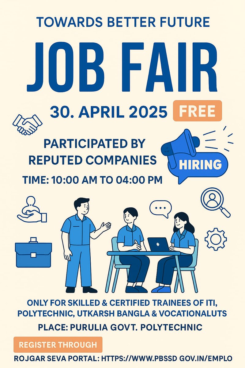 ukbprl's tweet photo. The PURULIA District Administration, in collaboration with PURULIA Government Polytechnic, is proud to organize a Mega Job Fair under #JobFair2025.
Date:30/04/2025 Time: 10:00 AM TO 04:00 PM
Place: Purulia Govt Polytechnic .#pbssd #utkarshbangla #skilldevlopment #jobfair2025 https://t.co/xLSKf17Pnv