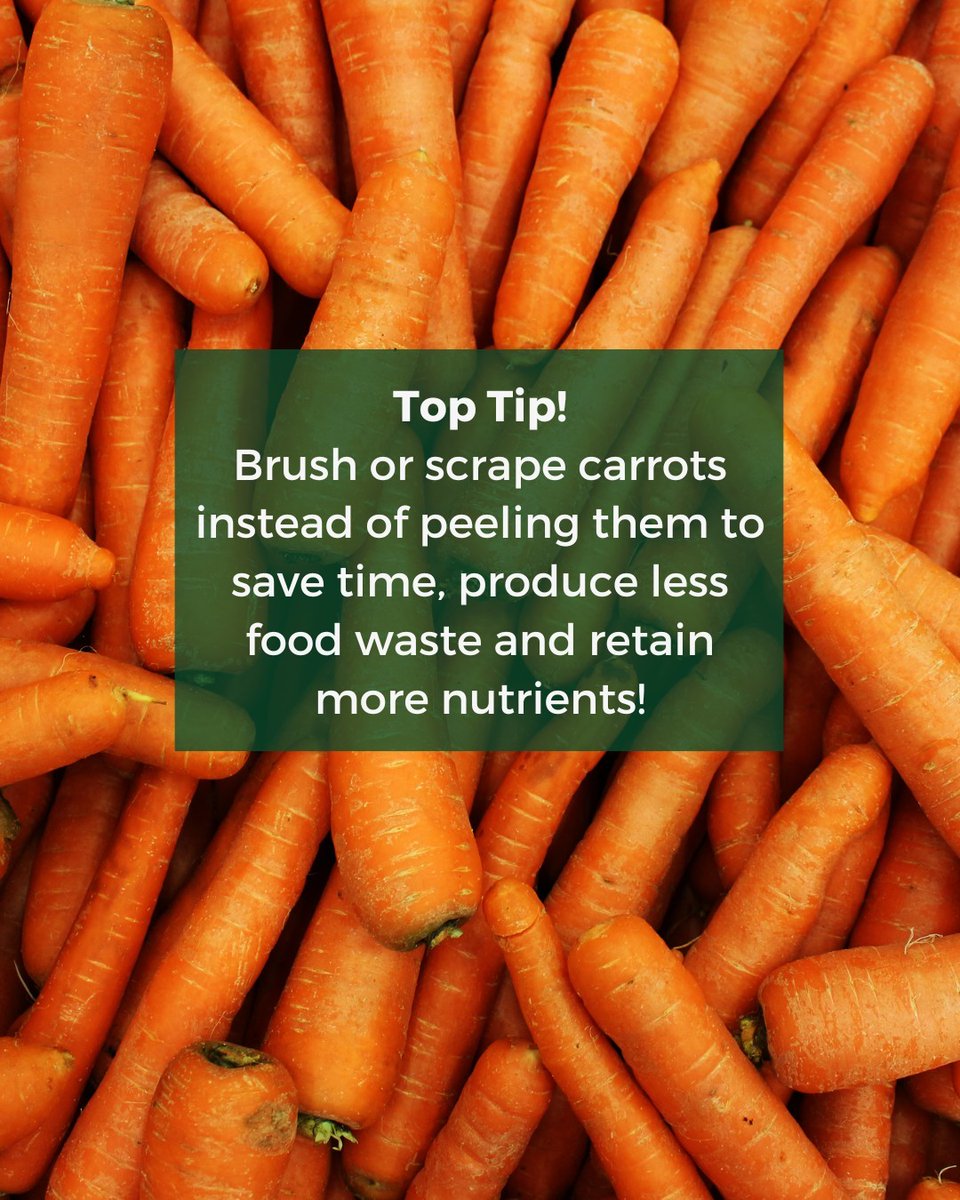 Brush or scrape carrots instead of peeling them. You will save time, produce less waste and your carrots will retain more of the nutrients that are contained in the skin!

Leftover carrots are versatile and can be used to make Bolognese sauce or juice. 

stopfoodwaste.ie/resources/stor…