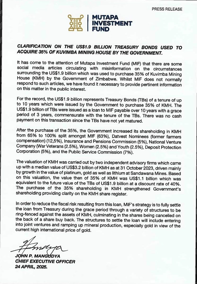 mawarirej's tweet photo. This press statement is a very good confirmation of the looting that Tagwirei and company did through the Kuvimba Mining House deal. For starters, and in the name of transparency, why didn't Mangudya tell us who the "two independent advisory firms" who made the $3.2bn valuation are? Also, the Mines and Minerals Act (Chapter 21 :05) is very clear that the minerals underground,  which Mangudya here implies contributed to the $3.2bn 'value' of the different mining units in Kuvimba are owned by government and therefore govt property which cannot be put on the balance sheet of any mining company unless the gold, the platinum and the lithium has been mined and is physically on the ground. The question then is, does KMH have gold, lithium and platinum stocks in its vaults which are equivalent to $3,2bn? There is also no explanation on how government came to own 65% of Kuvimba and what was the value of the mine when govt bought the 65%? Who did the valuation and what was government's motivation and justification for buying these shares? Was parliament involved? Did this come through cabinet? Who made valuations for the purposes of informing government on the value of the 65%?
The other question is why government bought shares in KMH when KMH includes a company that Govt, through PenEast, had sold in 2019? Why does it make sense for govt to sell it's 50% shares in a mining company in 2019 for $21.5m only to buy back 35% shares of the same company for $1.9bn simply because 2 disused mines were added to the mine? This level of looting cannot be tolerated any longer. Tagwirei,  Mangudya, Guvamatanga, Mthuli and all those involved in this scandal, should be brought to book.