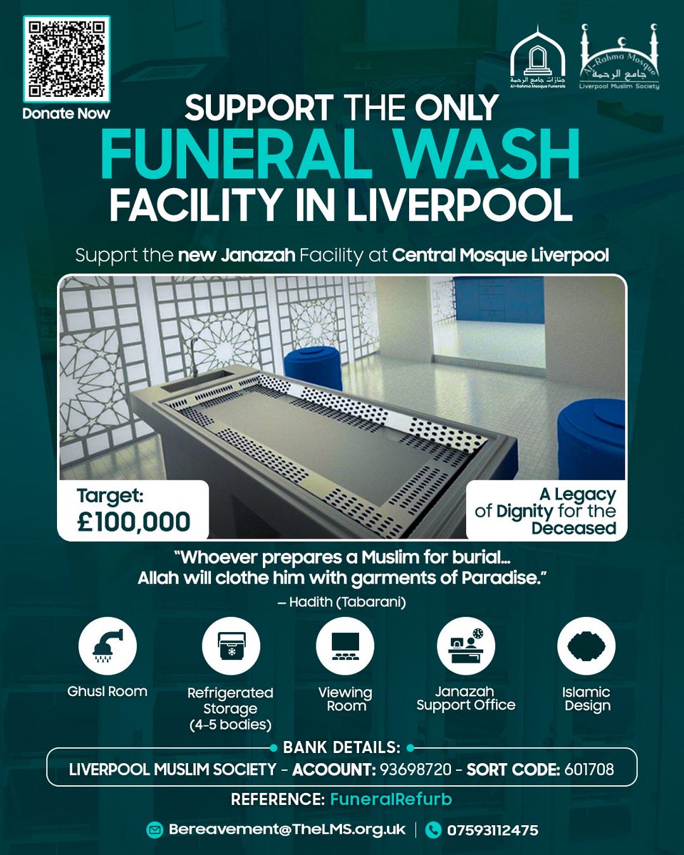 Support Liverpool’s Only Muslim Funeral Wash Facility
🧼⚰️ As we enter the blessed day of Jumu’ah — the best day to give charity — don’t miss the chance to invest in your akhirah with a lasting act of kindness.

Help Us Refurbish Liverpool’s only Janazah facility to accommodate