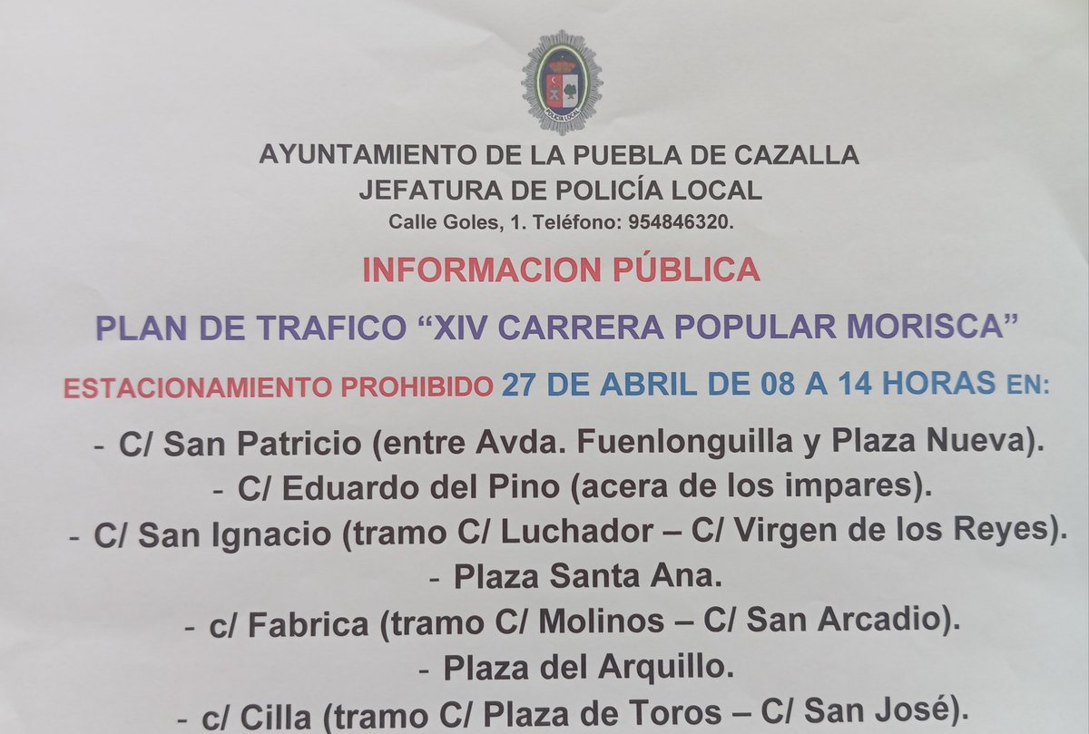 PLPueblacazalla's tweet photo. POLICÍA LOCAL INFORMA; el próximo domingo se celebra la XIV CARRERA POPULAR MORISCA, por ello se establece un Plan de Tráfico de 8 a 14 h. Se prohíbe estacionar en determinadas calles, se prohíbe circular en el recorrido y se traslada la parada del bus a la rotonda de los Chinos https://t.co/Ghgo6dSEGM