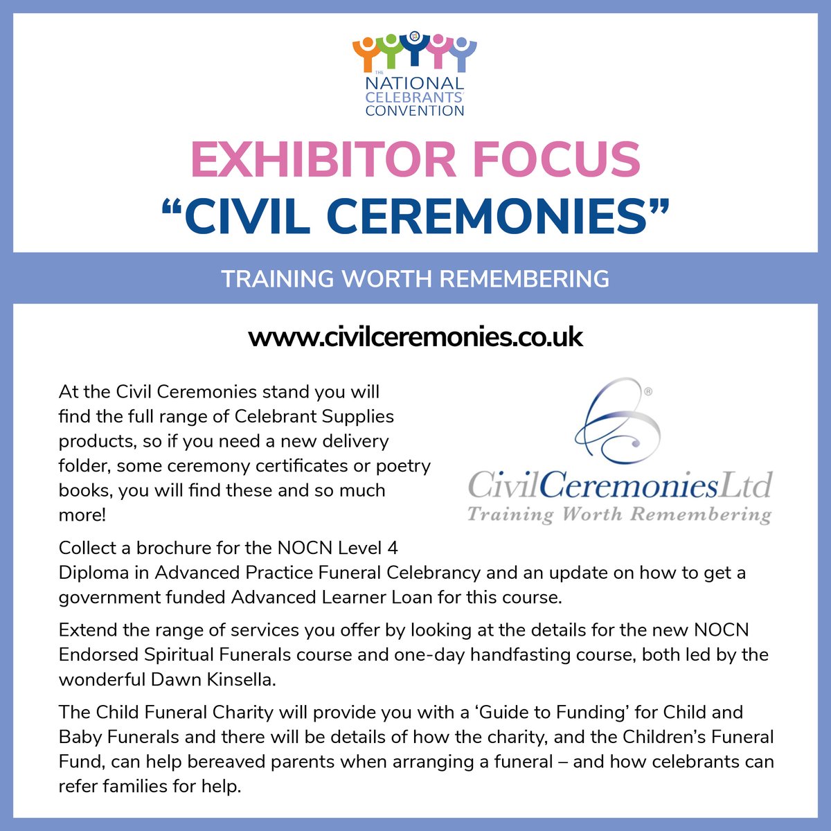 Pop and see the <a href="/CivilCeremonies/">Civil Ceremonies</a> stand at the National Celebrants' Convention in Solihull this coming Monday, for a chat about courses, celebrants supplies, and more.  We look forward to seeing you there!

celebrantsconvention.co.uk

#NCC2025 #NCC25 #celebrantstogether
