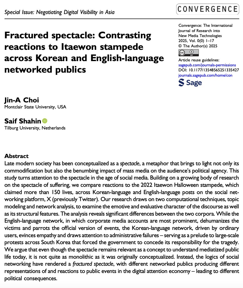 Saif Shahin (@saifshahin.bsky.social) (@shahin_saif) on Twitter photo #newPub #academicTwitter
We extend Debordās powerful concept of the āspectacleā to #digital media but also identify its limitations in our comparative analysis of #Korean and English-language posts/networks about the Seoul stampede. 
Read #openAccess at journals.sagepub.com/doi/10.1177/13⦠#newPub #academicTwitter
We extend Debordās powerful concept of the āspectacleā to #digital media but also identify its limitations in our comparative analysis of #Korean and English-language posts/networks about the Seoul stampede. 
Read #openAccess at journals.sagepub.com/doi/10.1177/13ā¦