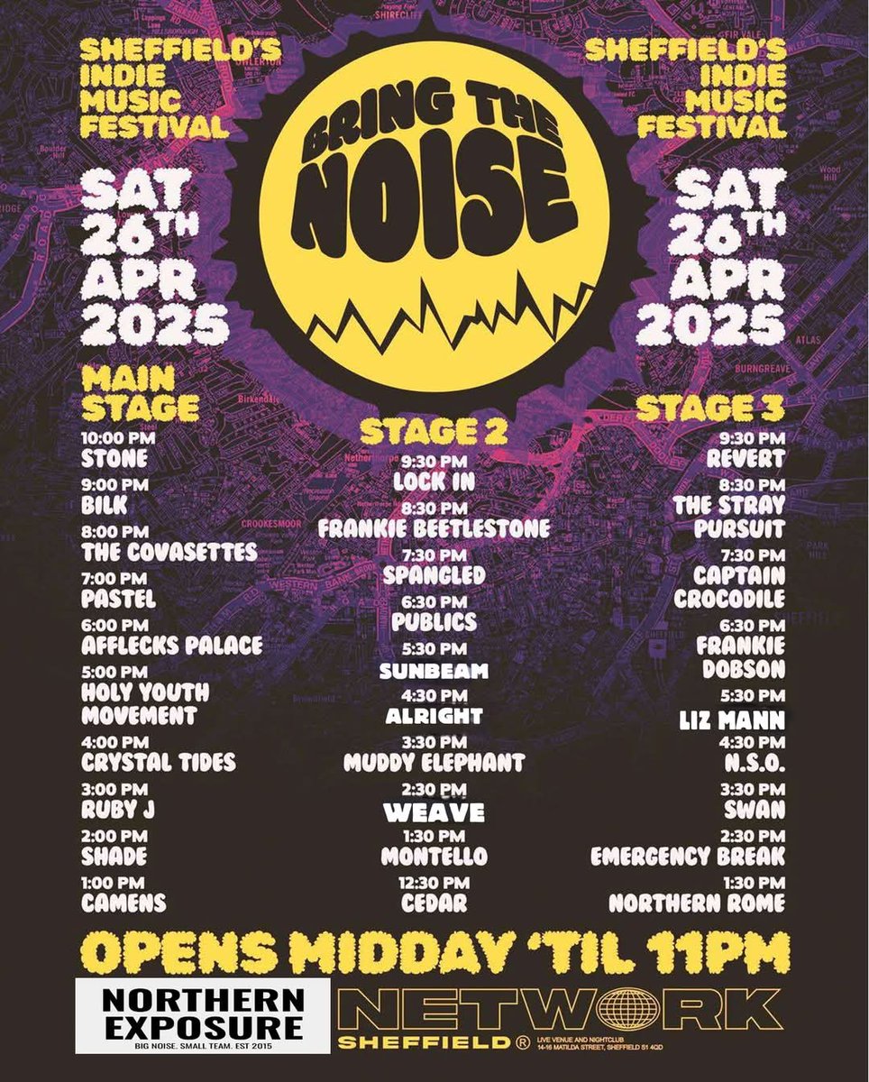 🎸 THIS SATURDAY! 🎟 skiddle.com/e/40453253
🎟  30 Bands | £20 Entry | 3 Stages
🎸 Sheffield's Indie Festival 2025 – BRING THE NOISE! 
📍 Network  Sheffield
📆 This Saturday – April 26th, 2025
⏰ 12PM–11PM

Sheffield, are you ready to BRING THE NOISE? 🔊