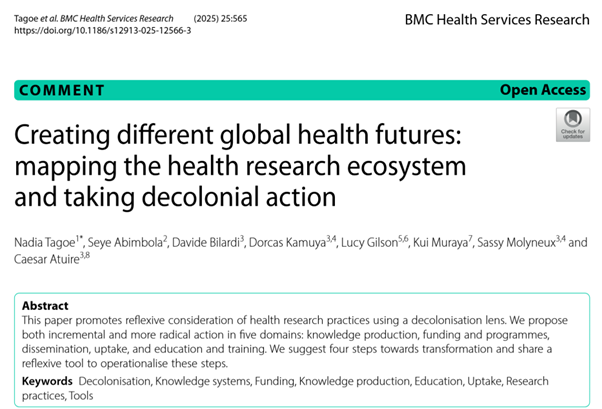 Decolonisation and Global Health Research Exchange (@decolonisinggh) on Twitter photo Excited to share our latest paper highlighting practical decolonial steps towards transforming global health research.
Read here: rdcu.be/eid7C
#DecolonizingGlobalHealth
<a href="/NadiaTagoe/">Nadia Tagoe</a> <a href="/seyeabimbola/">Ṣẹ̀yẹ Abímbọ́lá</a> <a href="/SassyMolyneux/">Sassy Molyneux</a> <a href="/atuire/">Caesar Atuire</a> <a href="/DKamuya/">Dorcas Kamuya</a> <a href="/BilardiDavide/">Davide Bilardi</a> <a href="/KuiMuraya/">Kui Muraya</a> <a href="/Lucy_Gilson/">Lucy Gilson</a> Excited to share our latest paper highlighting practical decolonial steps towards transforming global health research.
Read here: rdcu.be/eid7C
#DecolonizingGlobalHealth
<a href="/NadiaTagoe/">Nadia Tagoe</a> <a href="/seyeabimbola/">Ṣẹ̀yẹ Abímbọ́lá</a> <a href="/SassyMolyneux/">Sassy Molyneux</a> <a href="/atuire/">Caesar Atuire</a> <a href="/DKamuya/">Dorcas Kamuya</a> <a href="/BilardiDavide/">Davide Bilardi</a> <a href="/KuiMuraya/">Kui Muraya</a> <a href="/Lucy_Gilson/">Lucy Gilson</a>