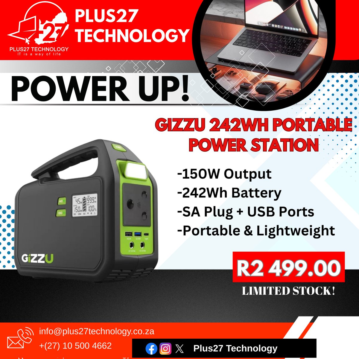 plus27_tech's tweet photo. Load shedding? Stay lit with the Gizzu Power Station – only R2 499! Lightweight, powerful &amp; perfect for your daily essentials. Available at Plus27 Technology.

#TechSupport #Plus27Technology #SpeedUpYourPC #IThelp #Minister #Parliament #Loadshedding #ANC #Pope #Laptop #Power https://t.co/TRreoMm6fX