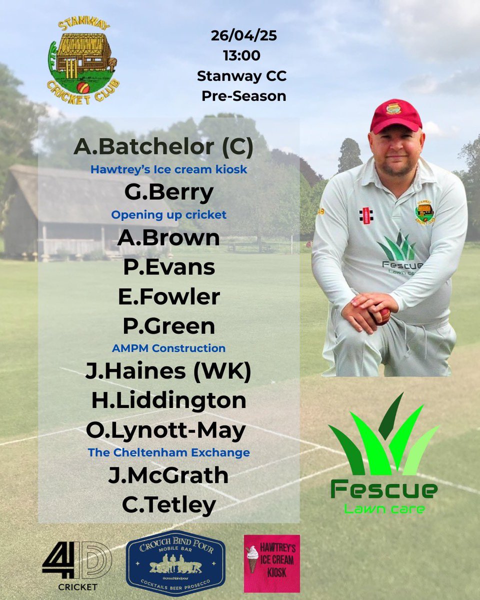 Our first team sheet of 2025 🏏

We can’t wait to be back in action tomorrow at our stunning ground for a pre-season friendly against St Philips North CC. 

The game starts at 13:00 and the bar will be open throughout the day.

Thanks to our sponsors 👏

<a href="/swsportsnews/">South West Sports News</a>