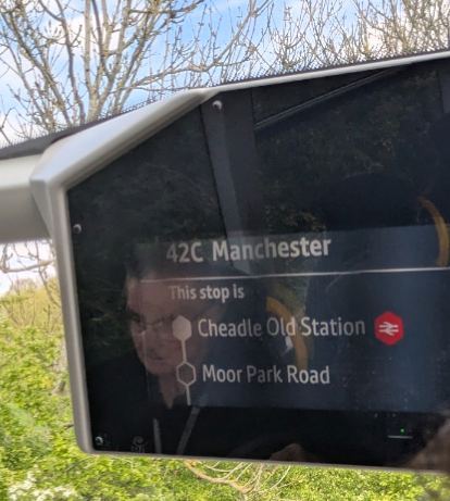 350city's tweet photo. Hi @BeeNetwork - sorry for blurry photo but there's bit of a bug on this bus, it's showing a National Rail icon for Cheadle Old Station which is a closed station that hasn't had trains for decades! Would you mind reporting this please? https://t.co/jX9np3b6FR