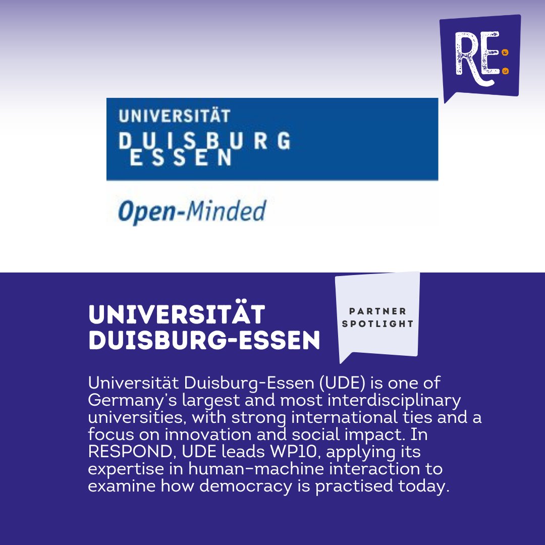 🤝 SPOTLIGHT ON OUR PARTNER!
🇩🇪 With 40,000+ students,  Universität Duisburg-Essen is a global hub for interdisciplinary research in digital society &amp; social innovation.

In #RESPOND, UDE leads WP10, exploring how human–machine interaction shapes the way democracy is practised