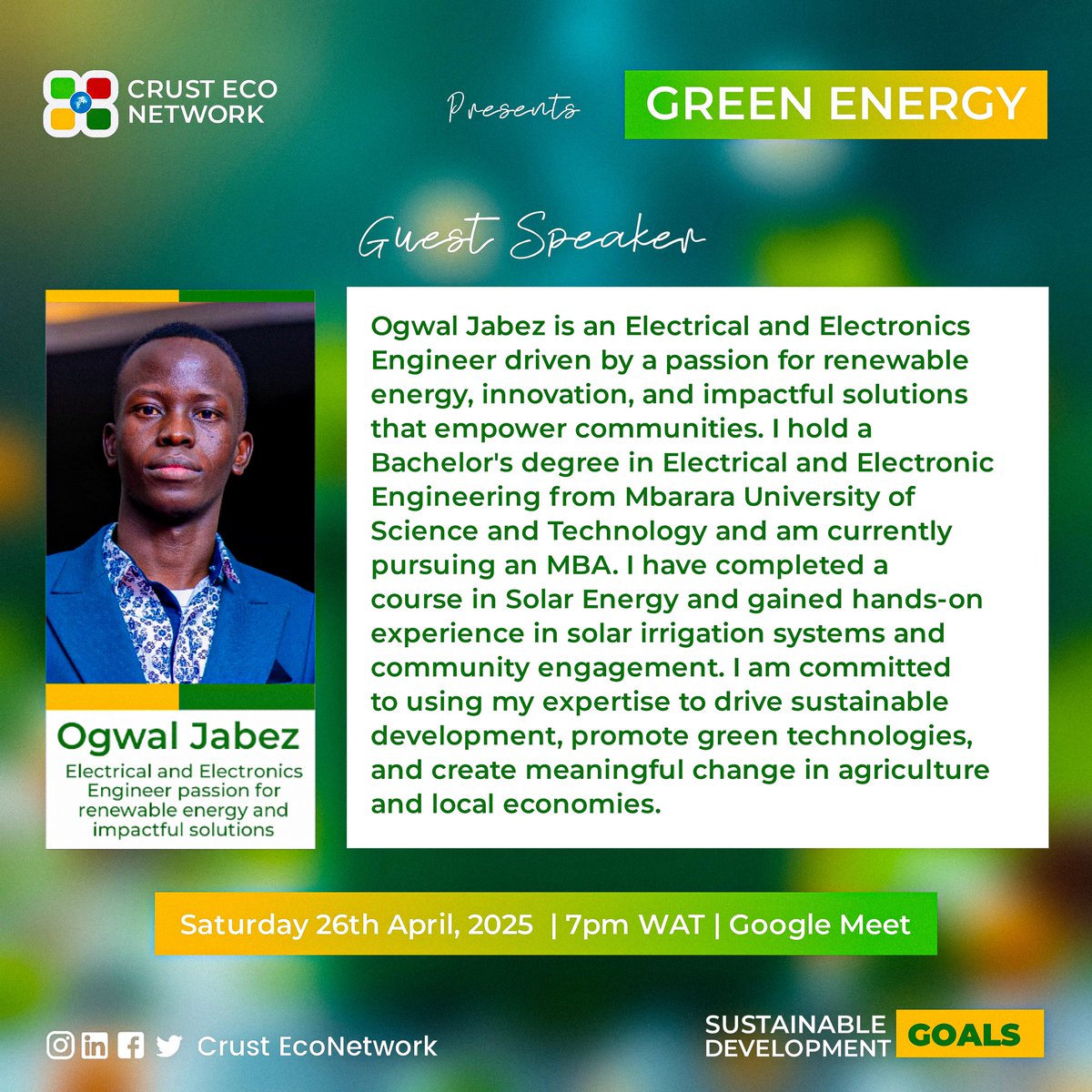 CrustEcoNetwork's tweet photo. πβ¨Crust EcoNetwork! 2025 Masterclass Cohort on Sustainable Practice π±
Event Details:
π
Date: April 26, 2025
π Time: 7 PM WAT
#CrustEcoNetwork #SustainablePractices #GreenEnergy #SustainableAgriculture #GreenComputing #Webinar #Empowerment #EcoFriendly
#SustainableTogether https://t.co/7JL1435uj6