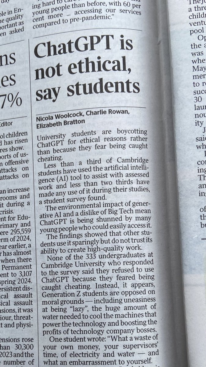 Thrilled to get my first byline in @TheTimes today, on ChatGPT usage among Cambridge students

w/<a href="/ebratton26/">Elizabeth Bratton</a> <a href="/nicolawoolcock/">Nicola Woolcock</a>