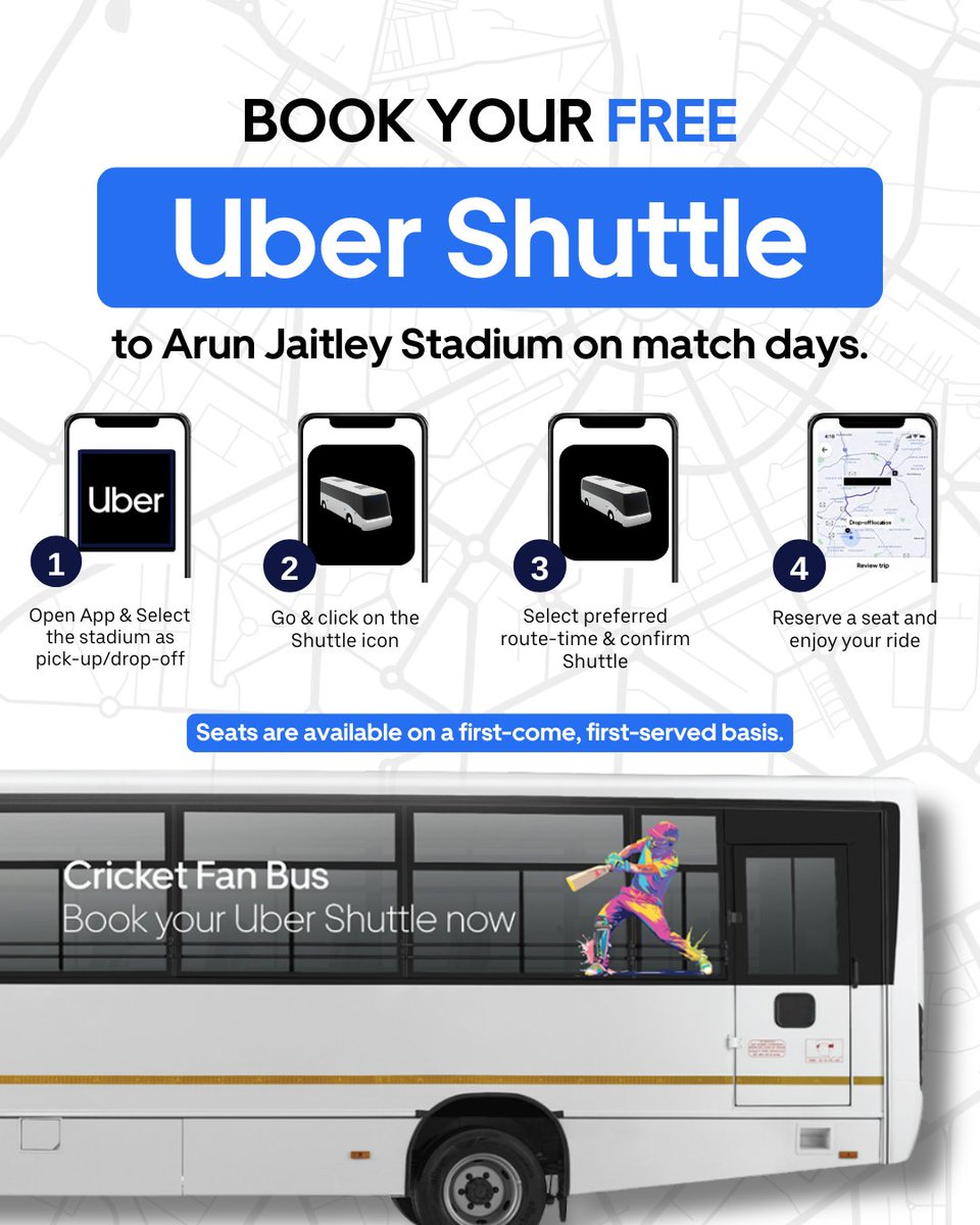 Uber_India's tweet photo. Delhi, this is your chance to catch one of the leading teams in action. 🏏🚌
Don't forget to carry valid match tickets.🎟️
#Delhi #Cricket #RideWithUber https://t.co/nRmNNH1jM9