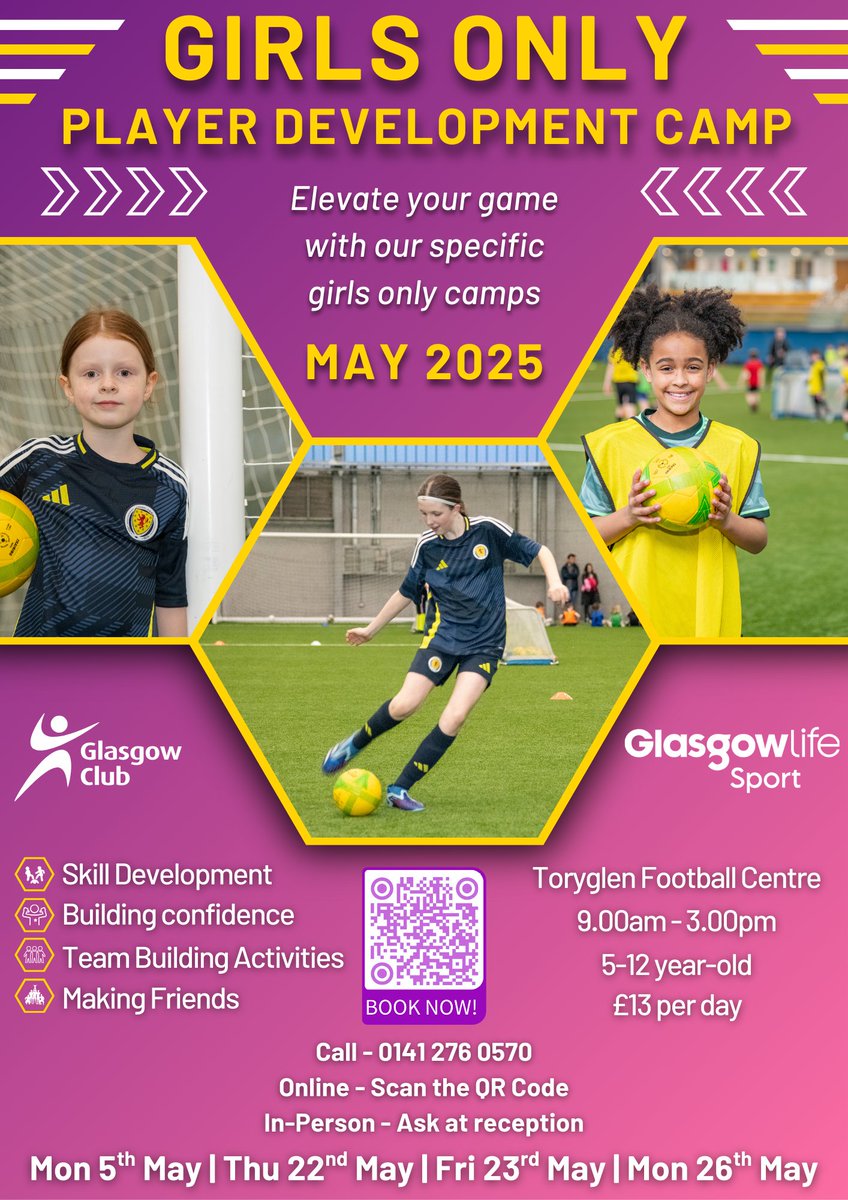 GIRLS FOOTBALL CAMPS 

Our first-ever Girls Only Player Development Camps are here!

⚽ Skill Development
⚽ Confidence building
⚽ New friends!

Ages 5–12, 6 hours of fun at Toryglen this May!

Book now! 👇

📞 0141 276 0570
💻 ow.ly/oXAg50VGTXs
📲 Scan the QR code below