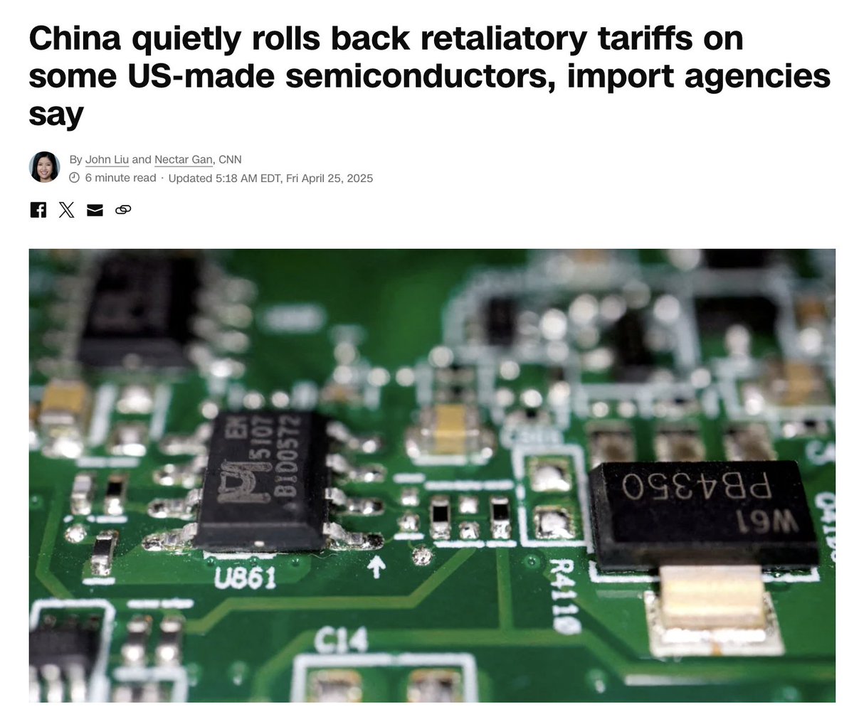 Thanks, <a href="/JohnLiuNN/">John Liu</a> at <a href="/CNN/">CNN</a> , for reaching out. Really enjoyed our conversation yesterday night on the rumored tariff exemption for imported semiconductors from the U.S. and broader U.S.-China statecraft amid bilateral trade tension and China’s recent policy shift on the "change