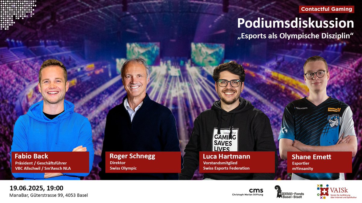 ManaBar (@manabarch) on Twitter photo 🎮Unsere zweite Podiumsdiskussion von Contactful Gaming: Esports als Olympische Disziplin 🏆
📅 19.06.2025 - 19:00
🏠 ManaBar Basel
Sprecher:
Fabio Back - Sm'Aesch NLA
<a href="/RogerSchnegg/">Roger Schnegg</a> - Swiss Olympic
<a href="/MYICrowd/">Luca Hartmann</a> - <a href="/swissesports/">Swiss Esports Federation</a>
<a href="/_LyNeX_/">Shane „LyNeX“ Emmett</a> - <a href="/mYinsanityCH/">mYinsanity</a>
Kommt vorbei 🙌 🎮Unsere zweite Podiumsdiskussion von Contactful Gaming: Esports als Olympische Disziplin 🏆
📅 19.06.2025 - 19:00
🏠 ManaBar Basel
Sprecher:
Fabio Back - Sm'Aesch NLA
<a href="/RogerSchnegg/">Roger Schnegg</a> - Swiss Olympic
<a href="/MYICrowd/">Luca Hartmann</a> - <a href="/swissesports/">Swiss Esports Federation</a>
<a href="/_LyNeX_/">Shane „LyNeX“ Emmett</a> - <a href="/mYinsanityCH/">mYinsanity</a>
Kommt vorbei 🙌