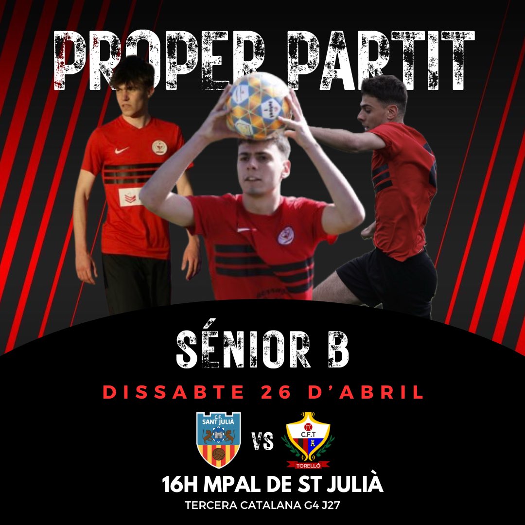 CF.TORELLO (@cftorello) on Twitter photo ðÃðððð ðâœïž
ð <a href="/cfsantjulia1932/">CF Sant Julià de Vilatorta</a>
ð¹ïž Jornada 27
ðïž Dissabte 26 dâAbril
âïž 16h
ðïž Camp de futbol MPAL de Sant Julià de Vilatorta
ð Sant Julià de Vilatorta
â€ïžð€ ðÃðððð ðâœïž
ð <a href="/cfsantjulia1932/">CF Sant Julià de Vilatorta</a>
ð¹ïž Jornada 27
ðïž Dissabte 26 dâAbril
âïž 16h
ðïž Camp de futbol MPAL de Sant Julià de Vilatorta
ð Sant Julià de Vilatorta
â€ïžð€