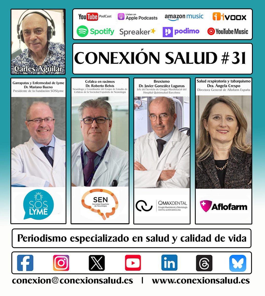 Episodio #31 - CONEXIÓN SALUD

▶️▶️▶️ tinyurl.com/3bdk8yhk

<a href="/dr_mbueno/">Doctor Mariano Bueno</a> 
#SosLyme
<a href="/robertbelvis/">Robert Belvís</a>
<a href="/maxilofacialbcn/">InstitutoMaxilofacialBarcelona</a>
<a href="/angelacrespomin/">Angela Crespo Minguez</a>
<a href="/seneurologia/">SEN</a>
<a href="/QS_Barcelona/">Hospital Quirónsalud Barcelona</a> 
#Aflofarm 

#ConexiónSalud
#Salud 
#Prevención 
#CarlesAguilar 

conexionsalud.es