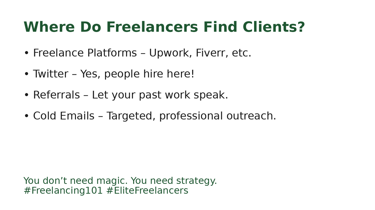 elite_skills16's tweet photo. Freelancers, today let’s talk about how to kickstart your client journey! 🚀
1️⃣ Where to find clients
2️⃣ How to show value (no begging!)
3️⃣ Cold DM pitch template

Save &amp; take action! 🔥
#Freelancing101 #EliteSkillsByAlerah https://t.co/BHSpM0g2Mm