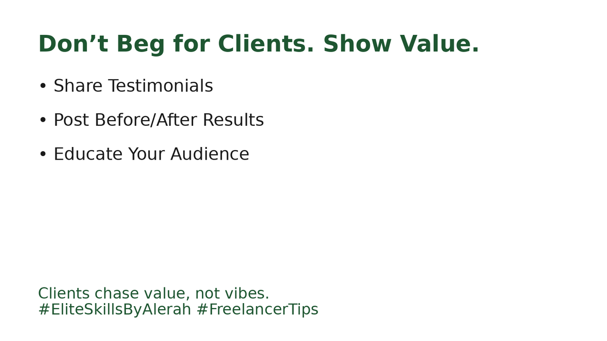 elite_skills16's tweet photo. Freelancers, today let’s talk about how to kickstart your client journey! 🚀
1️⃣ Where to find clients
2️⃣ How to show value (no begging!)
3️⃣ Cold DM pitch template

Save &amp; take action! 🔥
#Freelancing101 #EliteSkillsByAlerah https://t.co/BHSpM0g2Mm