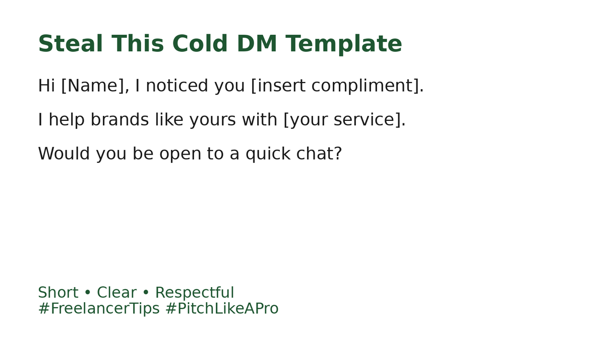 elite_skills16's tweet photo. Freelancers, today let’s talk about how to kickstart your client journey! 🚀
1️⃣ Where to find clients
2️⃣ How to show value (no begging!)
3️⃣ Cold DM pitch template

Save &amp; take action! 🔥
#Freelancing101 #EliteSkillsByAlerah https://t.co/BHSpM0g2Mm