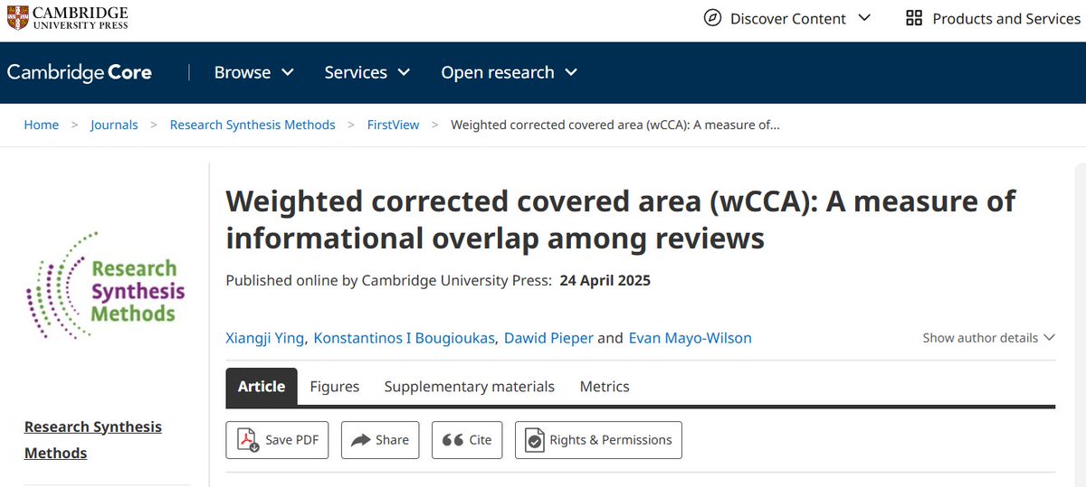 NEW PAPER out in Research Synthesis Methods!
We proposed a refined measure for quantifying the overlap of primary studies in systematic reviews based on the corrected covered area
➡️doi.org/10.1017/rsm.20…
#MetaAnalysis #EvidenceSynthesis #SystematicReviews #healthcare