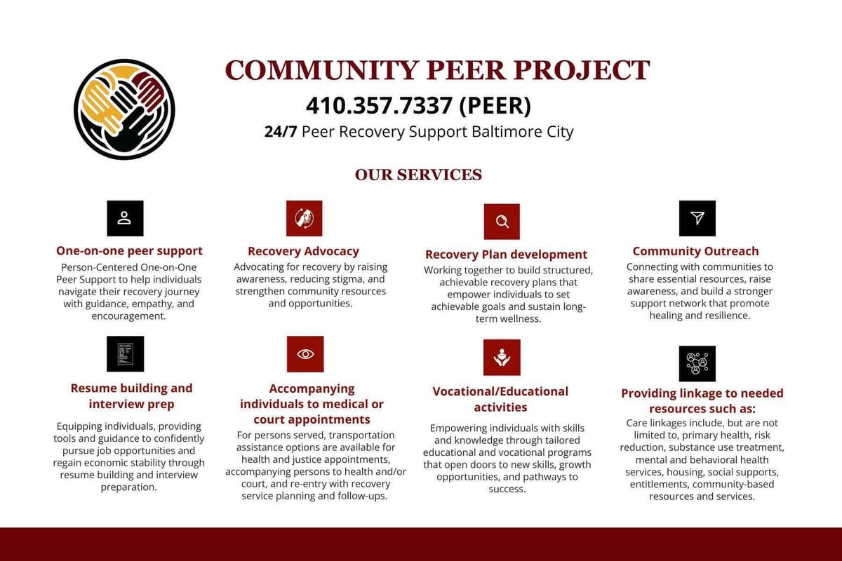 In Baltimore City, individuals seeking substance, mental, or behavioral health support can access 24/7 Certified Peer Recovery Support at the Community Peer Project. This self-directed service is confidential, and available without the need for insurance, at no cost. Reach out