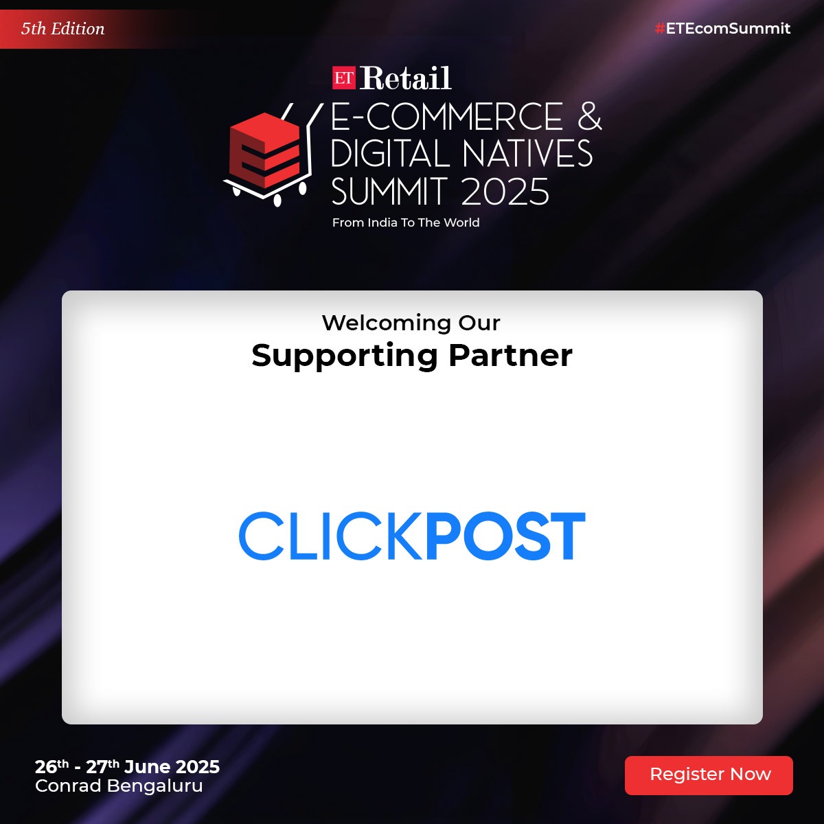 ETRetail's tweet image. Powering the future of e-commerce — @ClickPostTech joins #ETEcomSummit 2025 as our supporting partner.
Together, we champion next-gen brands, breakthrough technologies, and the bold voices reshaping India’s digital economy.
Register Now: retail.economictimes.indiatimes.com/ecommerce-summ…
#ETRetail