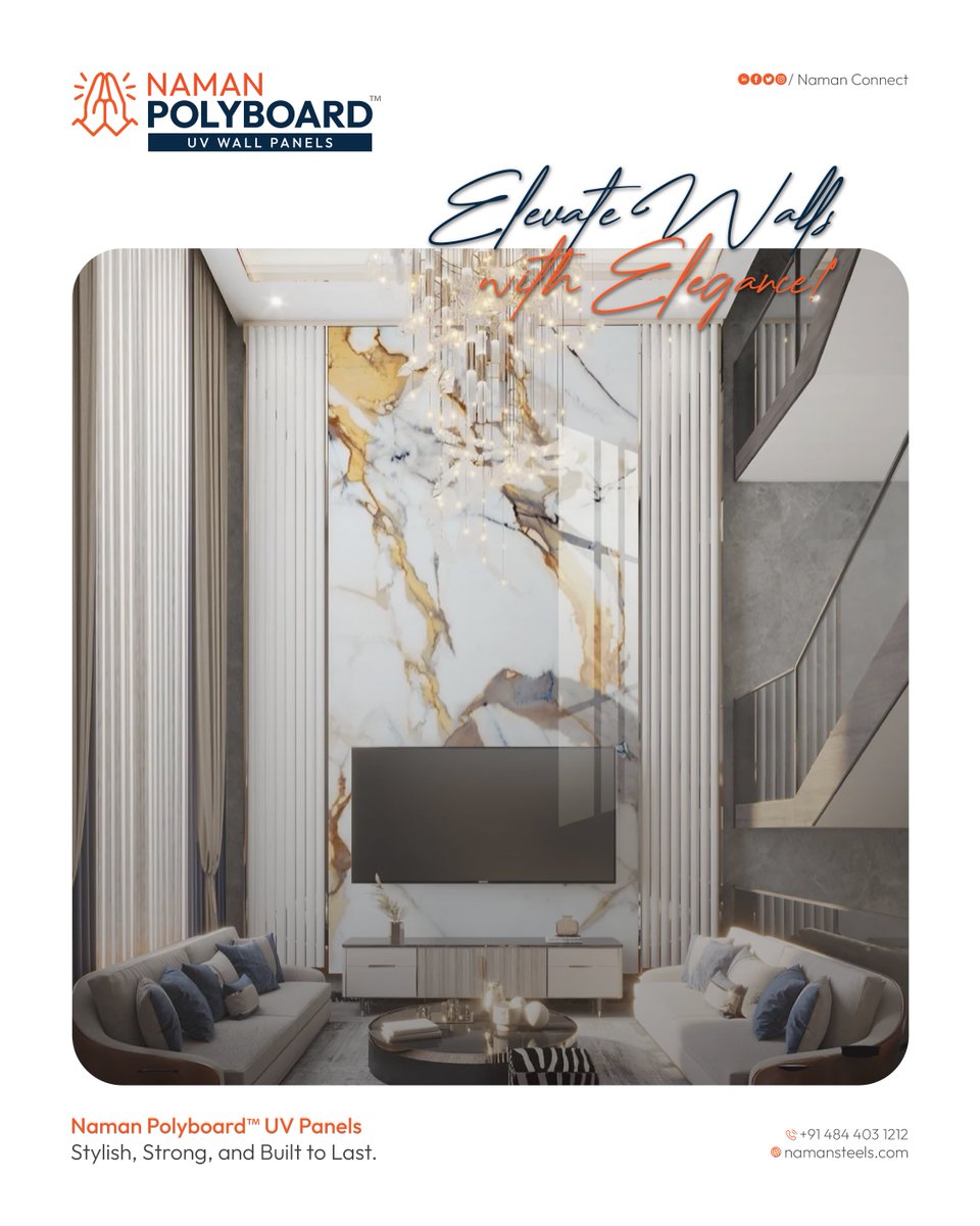 NamanConnect's tweet photo. Bring brilliance to your interiors with Naman Polyboard™ UV Wall Panels. High-gloss finish, easy maintenance, and timeless style — designed to elevate every space. ✨
#NamanSteels #NamanPolyboard #UVWallPanels #ModernInteriors #GlossyFinish #WallDesign https://t.co/8MtmSjyBq7