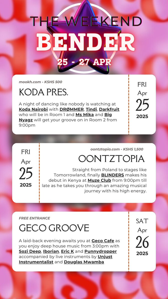 sharmuthui's tweet photo. The Weekend Bender β¨
From 25 - 27 April; Rooftop turn-ups, live sets and great vibes.
This Weekend Bender is not for the faint of vibe - charge your phones, prep your outfits and hydrate!!
See you at the dancefloors this weekend.
cc: @NairoBopFiesta
#TheWeekendBender https://t.co/q8oM3Rzxjy