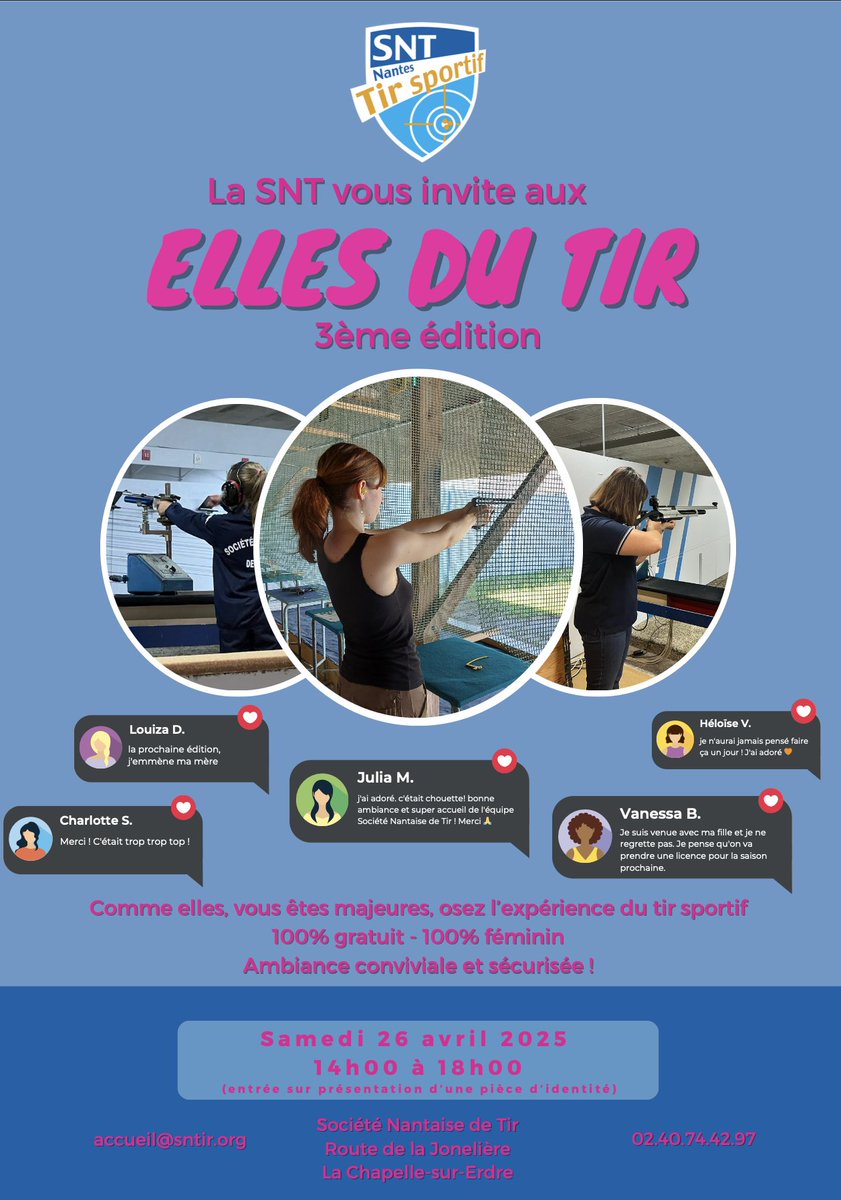 Pour celles qui veulent découvrir le tir sportif, c'est demain à #Nantes #LaJonelière ! 🎯
➡️ Plus d'infos en DM
<a href="/20minutesnantes/">20 Minutes Nantes</a> <a href="/RMCInfo/">RMC</a> <a href="/presseocean/">Presse Océan</a> <a href="/StephanePajot44/">Stéphane Pajot</a> <a href="/GCD44Sophie/">ChristelleDgc</a> <a href="/HeleneHamon/">Elen Hamon</a> <a href="/KatellLagre/">Katell Lagré</a> <a href="/AntoineB_NE44/">Antoine Berthéas</a> <a href="/Coll_Nemesis/">Collectif Némésis</a>