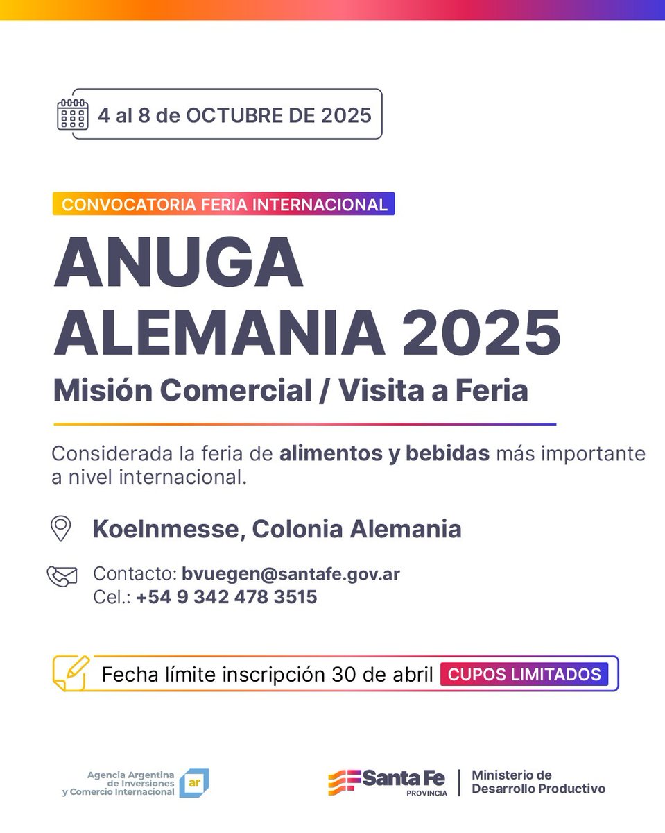 ➡️ Misión Comercial /Visita a la Feria Alimentos y Bebidas

🗓️ Fecha del evento: del 4 al 8 de Octubre

❗Fecha Límite de Inscripción: 30 de abril

📧 Consultas: bvuegen@santafe.gov.ar

📱 Teléfono: 3416428962

📝 Inscripción: forms.gle/6BFhCa7co2ki32…