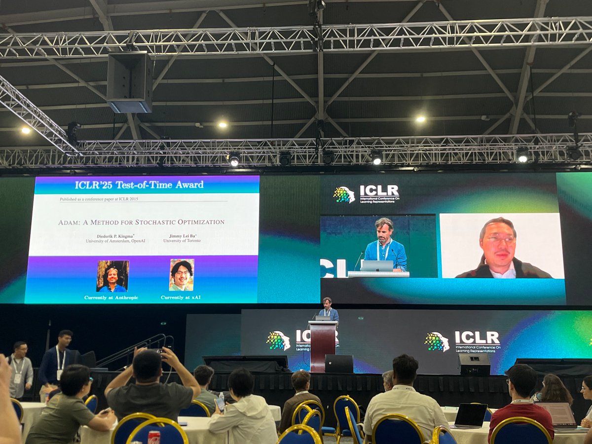 Adam wins test of time award at #ICLR2025

Great talk by <a href="/dpkingma/">Durk Kingma</a> and <a href="/jimmybajimmyba/">Jimmy Ba</a>🔥