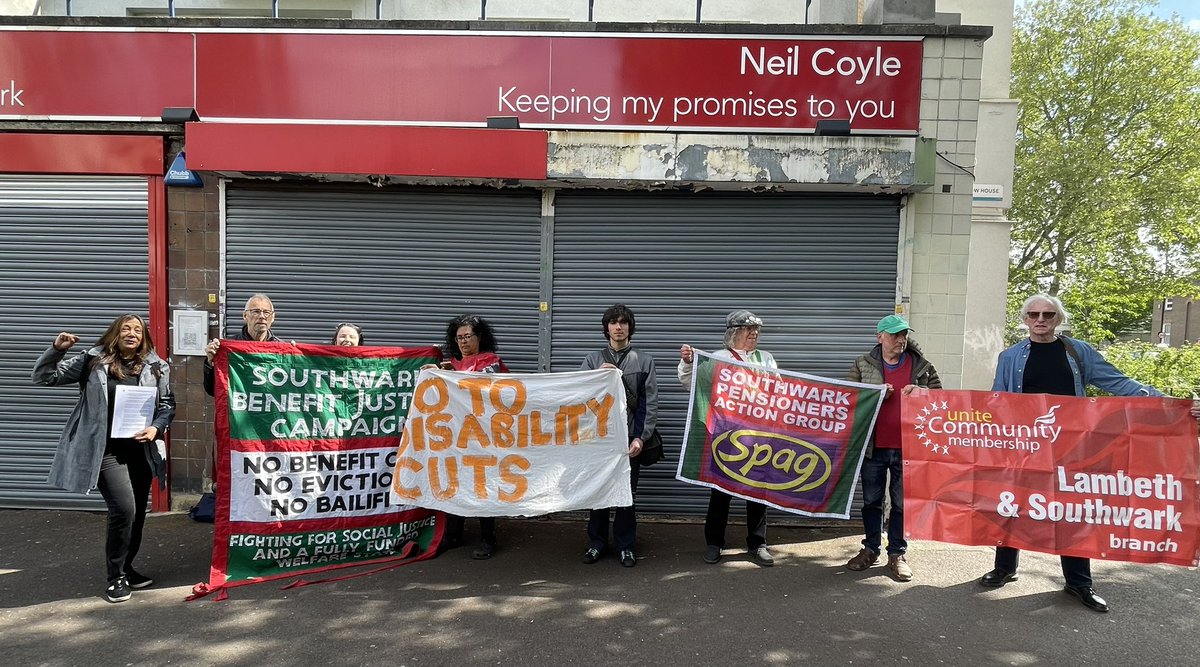 #WelfareNotWarfare 

Disabled activists &amp; allies held a peaceful leafletting session outside <a href="/coyleneil/">Neil Coyle</a> Bermondsey constituency office 
Mr Coyle is defending cuts to disability benefits &amp; supporting them 
Mr Coyle shut his office &amp; sent two police officers to “rowdy protestors’