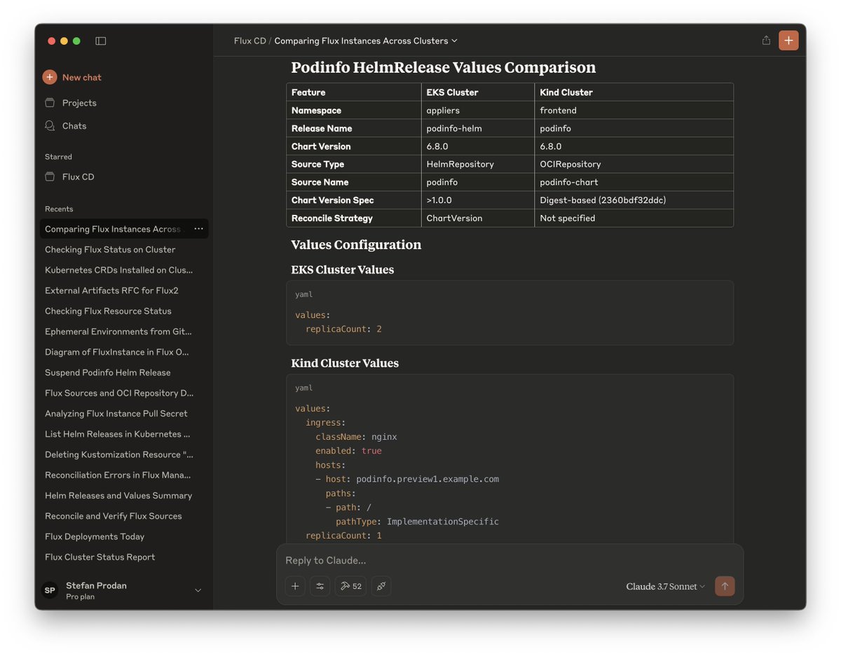 Made good progress with the #FluxCD MCP Server 🚀 It can now do multi-cluster operations: track app versions and config changes across environments, cluster state diffing &amp; Helm release comparison (dev vs stage vs prod).