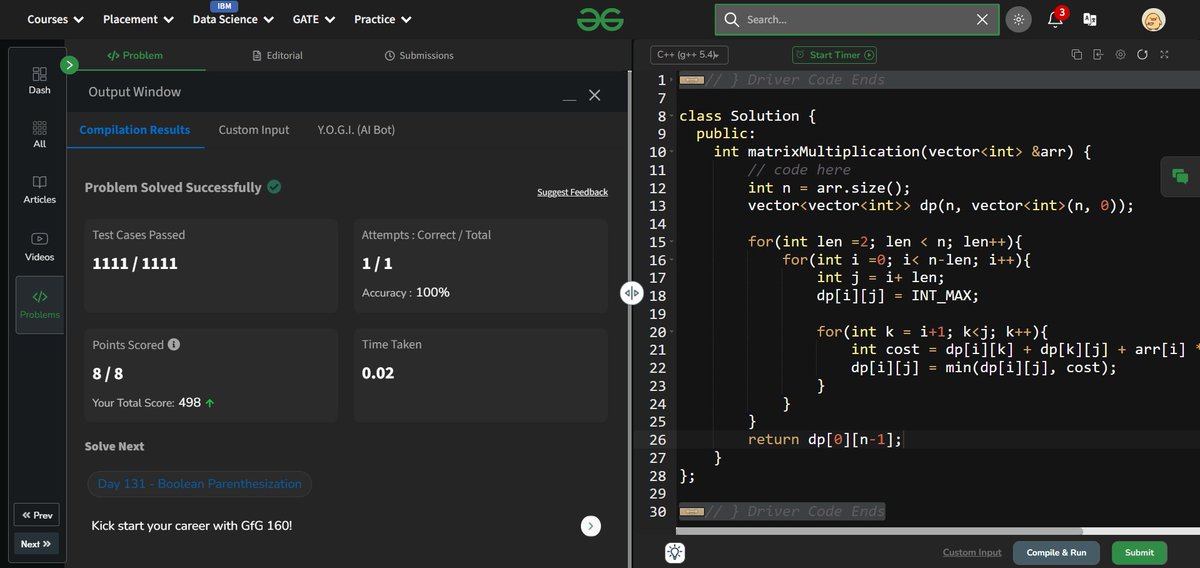 httpviddie's tweet photo. Day 120- Matrix Chain Multiplication

@geeksforgeek
#gfg160 #geekstreak2024 #womenintech https://t.co/PFAwEcPoYb