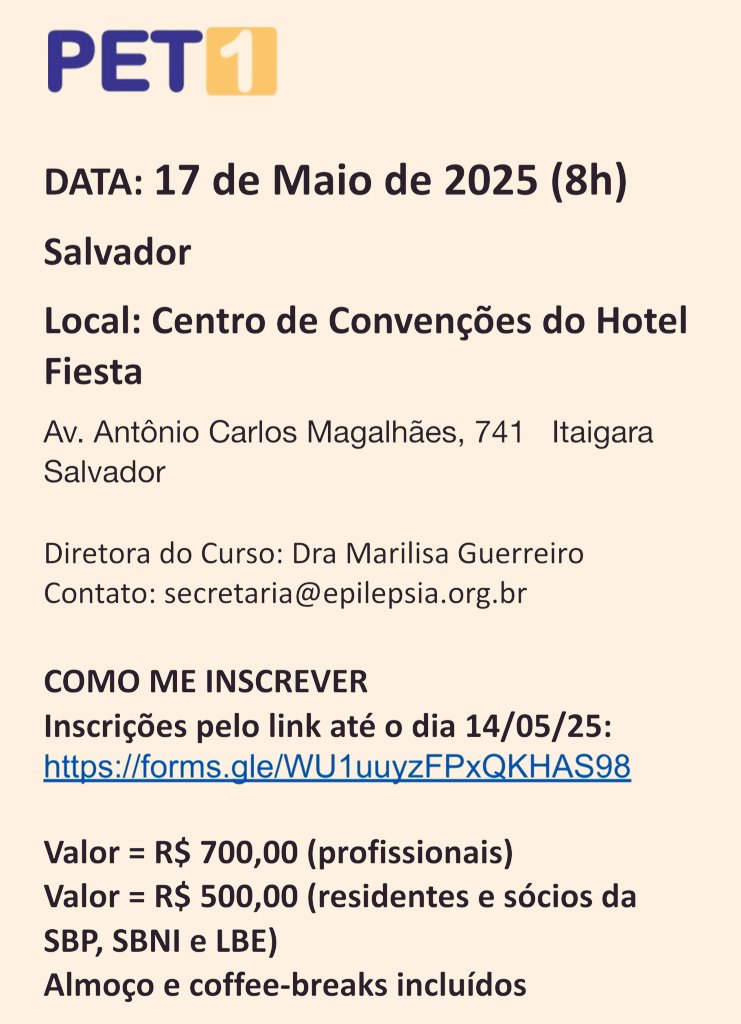 PET_Brasil (@pet1_brazil) on Twitter photo O próximo PET 1 será em Salvador, Bahia, dia 17/05/25. Este curso tem certificação internacional (BPNA e ILAE). Inscreva-se em forms.gle/WU1uuyzFPxQKHA… e participe!
<a href="/BPNA_org/">BPNA</a>
<a href="/LBEpilepsia/">Liga Brasileira de Epilepsia</a>
<a href="/IlaeWeb/">International League Against Epilepsy</a>
<a href="/PET1_Colombia/">PET-1_Colombia</a> O próximo PET 1 será em Salvador, Bahia, dia 17/05/25. Este curso tem certificação internacional (BPNA e ILAE). Inscreva-se em forms.gle/WU1uuyzFPxQKHA… e participe!
<a href="/BPNA_org/">BPNA</a>
<a href="/LBEpilepsia/">Liga Brasileira de Epilepsia</a>
<a href="/IlaeWeb/">International League Against Epilepsy</a>
<a href="/PET1_Colombia/">PET-1_Colombia</a>
