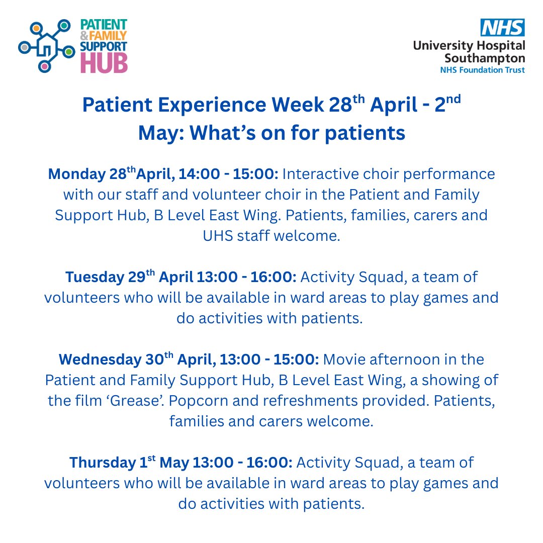 UHS Patient and Family Support Hub (@uhs_supporthub) on Twitter photo We are really excited to share our timetable of activities for Patient Experience week next week!❤ For support attending either the Choir or Movie events, or to request the Activity Squad on your ward, contact us on: 📞0800 484 0135 or 📧PFSH@uhs.nhs.uk. Details below👇: We are really excited to share our timetable of activities for Patient Experience week next week!❤ For support attending either the Choir or Movie events, or to request the Activity Squad on your ward, contact us on: 📞0800 484 0135 or 📧PFSH@uhs.nhs.uk. Details below👇: