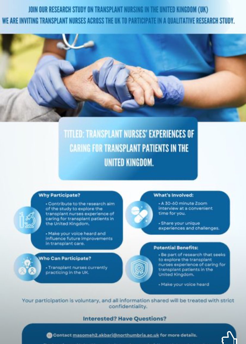 Hasti Akbari (@hasti_m_a) on Twitter photo <a href="/NHSOrganDonor/">NHS Organ Donationšš«š«</a> Are you a transplant nurse in the UK? I'm conducting a research study to explore your experiences in caring for transplant patients.
Please share with colleagues who may be interested. Thank you for supporting nursing research! <a href="/NHSOrganDonor/">NHS Organ Donationšš«š«</a> Are you a transplant nurse in the UK? I'm conducting a research study to explore your experiences in caring for transplant patients.
Please share with colleagues who may be interested. Thank you for supporting nursing research!