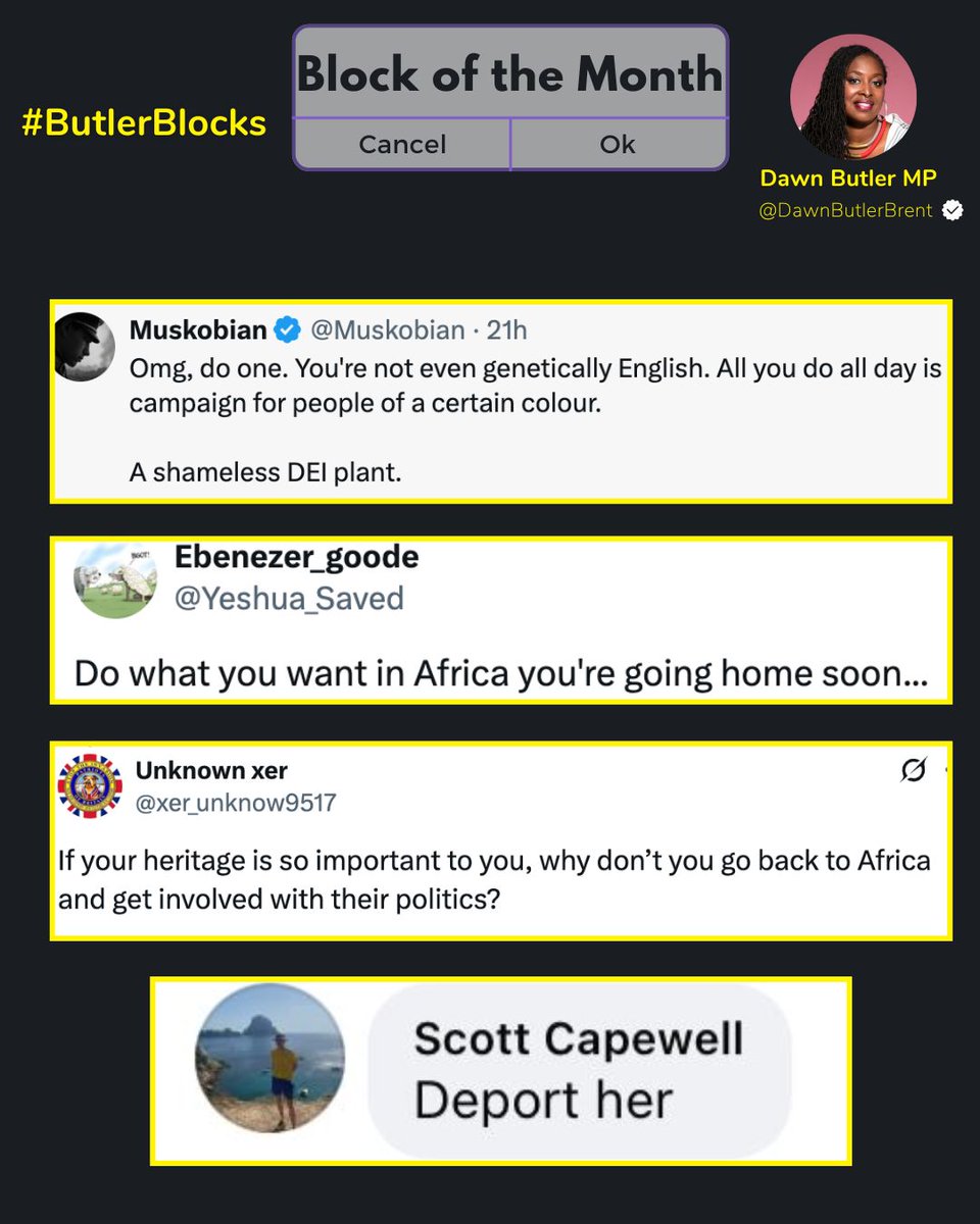 DawnButlerBrent's tweet photo. Another Block of the Month packed with horrible racist and abusive messages. #ButlerBlocks

Most of this was sent to me after I wished people a happy St George's Day. 

The racists won't stop me celebrating our rich history of acceptance &amp; diversity. https://t.co/3KjGAULVfr